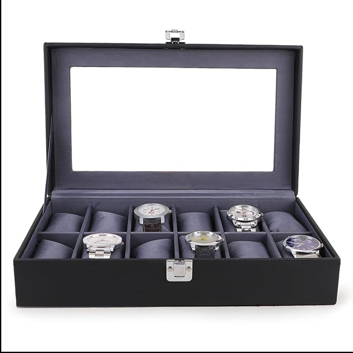 Men's & Women's PU Leather Watch Box Organizer – 12-Slot Watch Holder Case in Black & Gray Benling