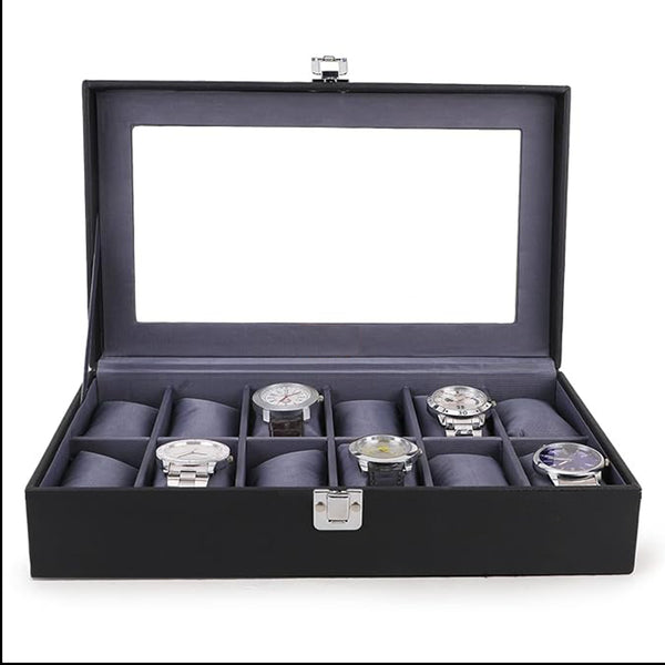 Men's & Women's PU Leather Watch Box Organizer – 12-Slot Watch Holder Case in Black & Grey