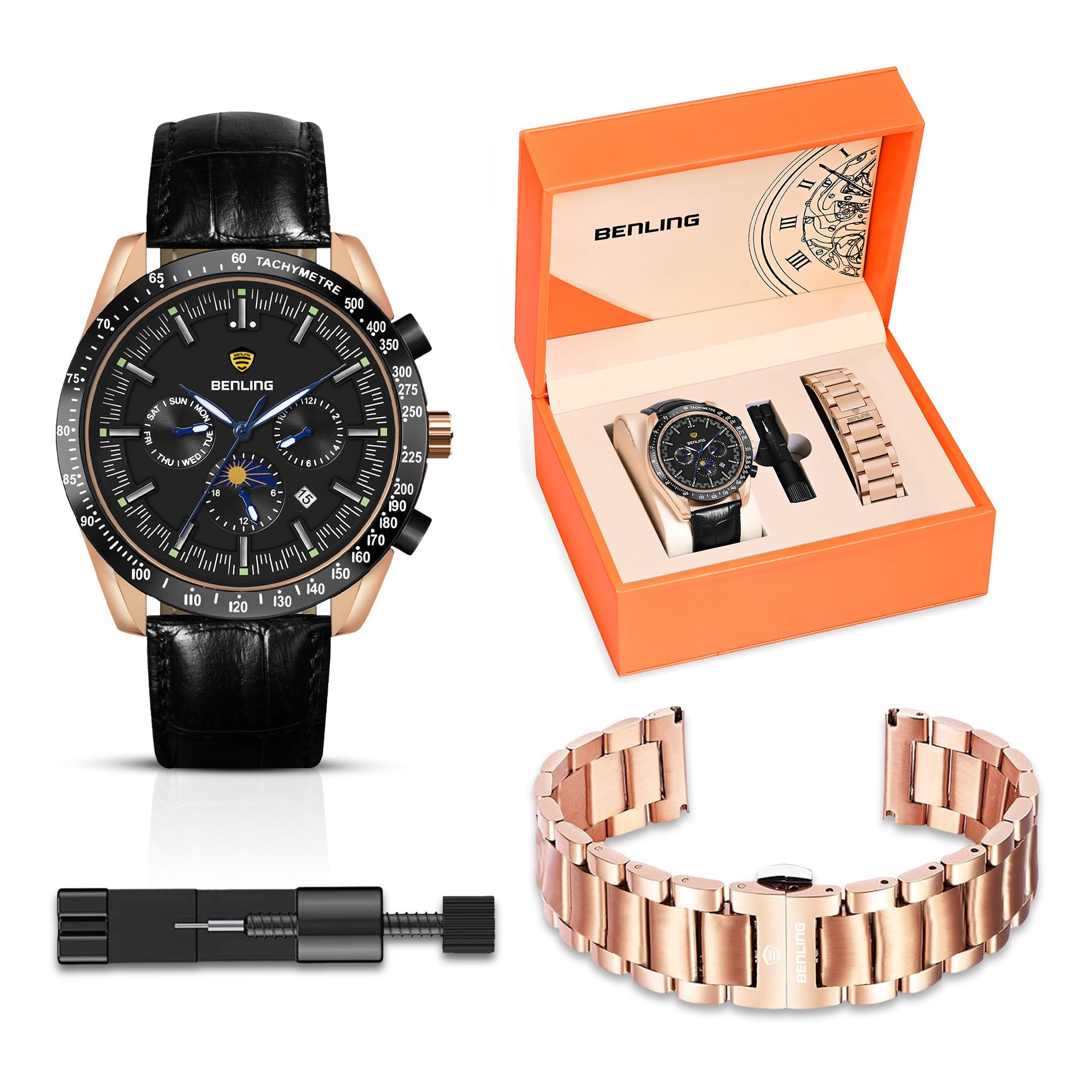 Benling Legacy Chrono Automatic Watch for Men with Interchangeable Leather Strap & Stainless Steel Chain –  A Masterpiece of Mechanical Precision