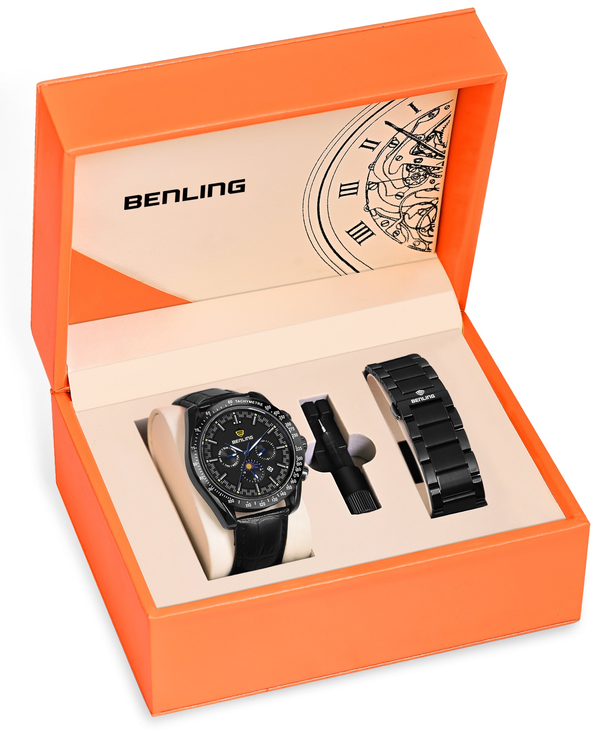 Benling Legacy Chrono Automatic Watch for Men with Interchangeable Leather Strap & Stainless Steel Chain –  A Masterpiece of Mechanical Precision
