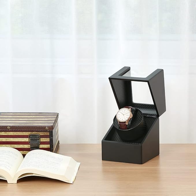 Benling Automatic Single Watch Winder with Quiet Motor, Black Leather, Men's and Women's