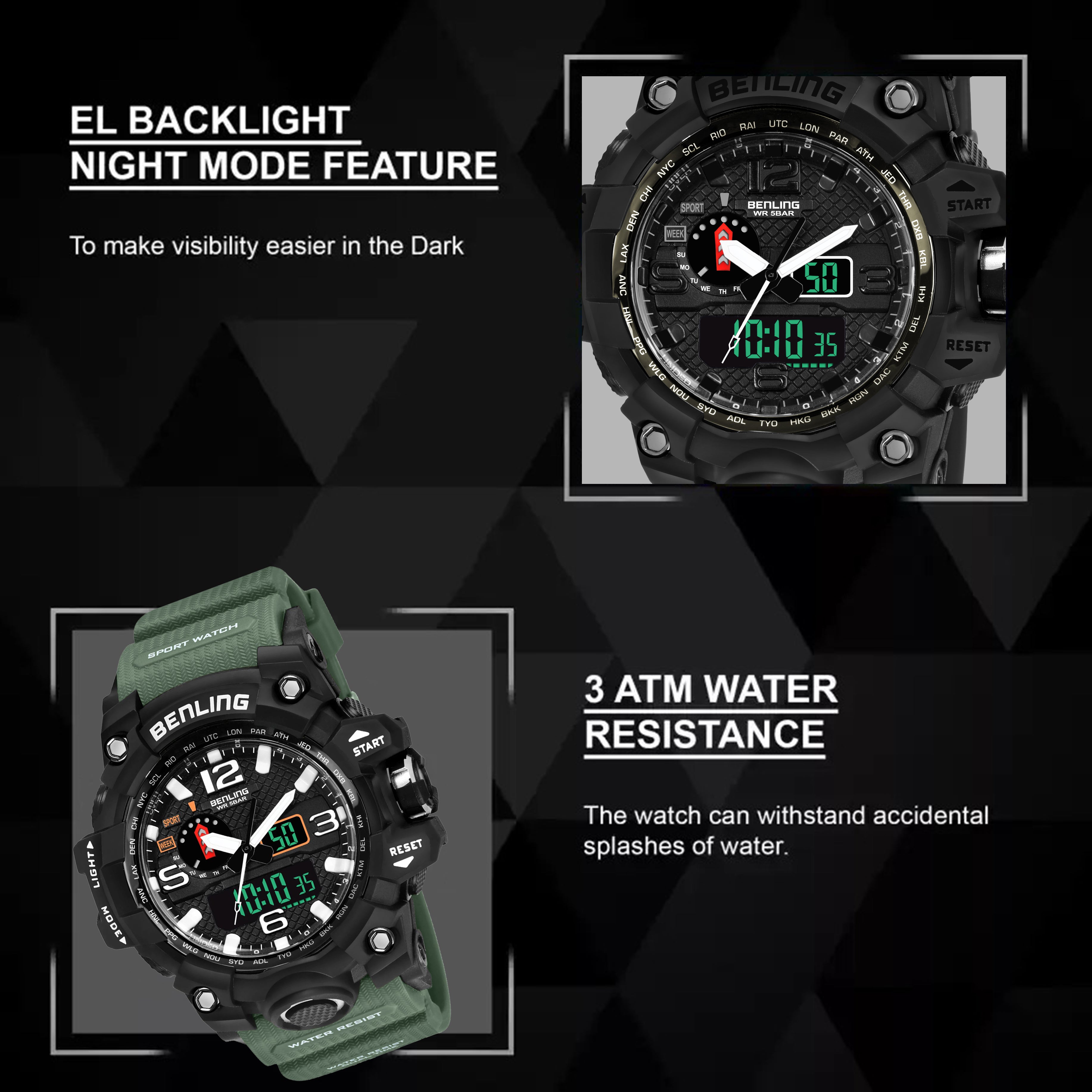 Benling EL Backlight Analog Digital Watch-SKBLANDG-6002