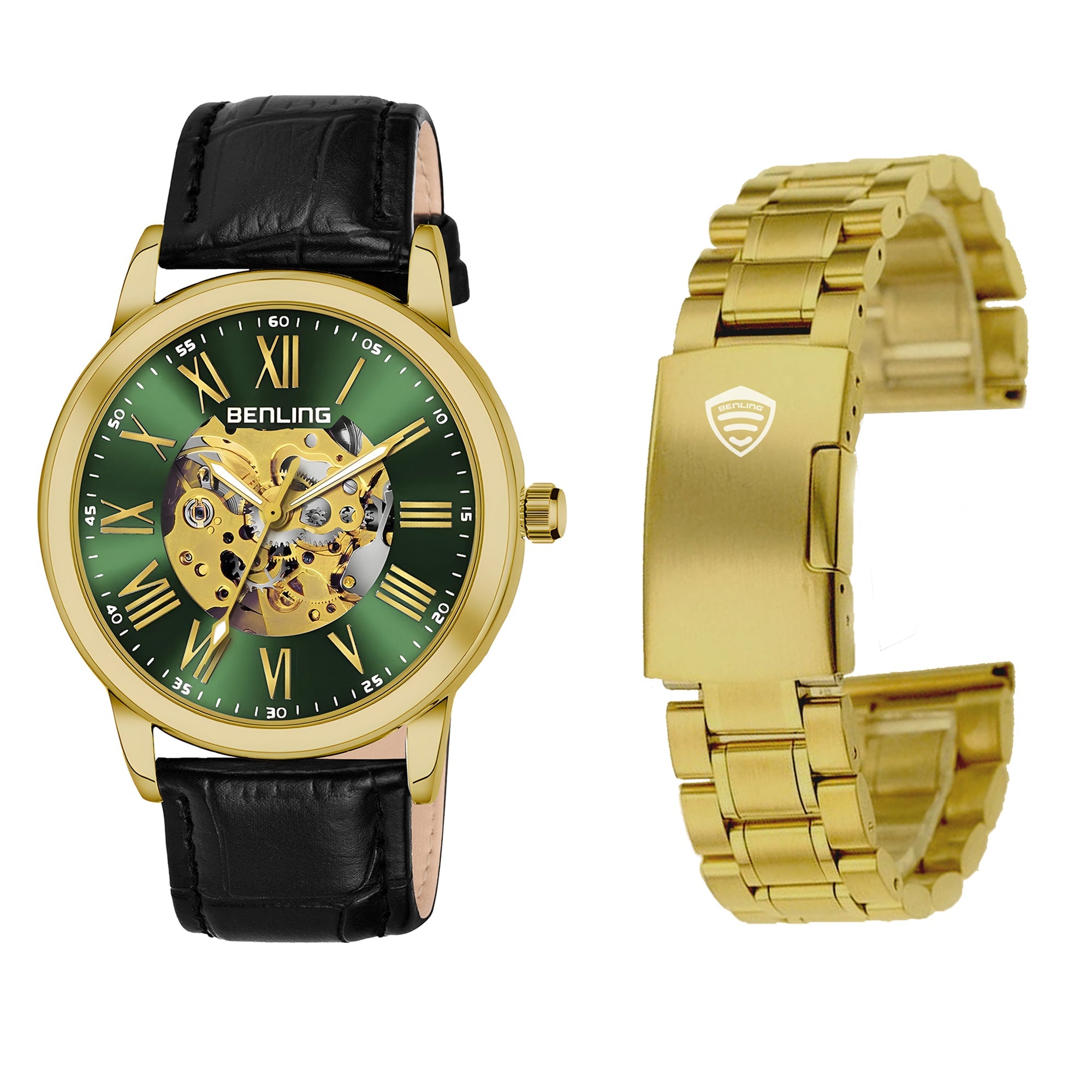 Benling Automatic Skeleton Mechanical Watch for Men | Self-Winding Movement | Leather & Stainless Steel Strap | Open Gear Dial | Luxury Casual & Formal Wear