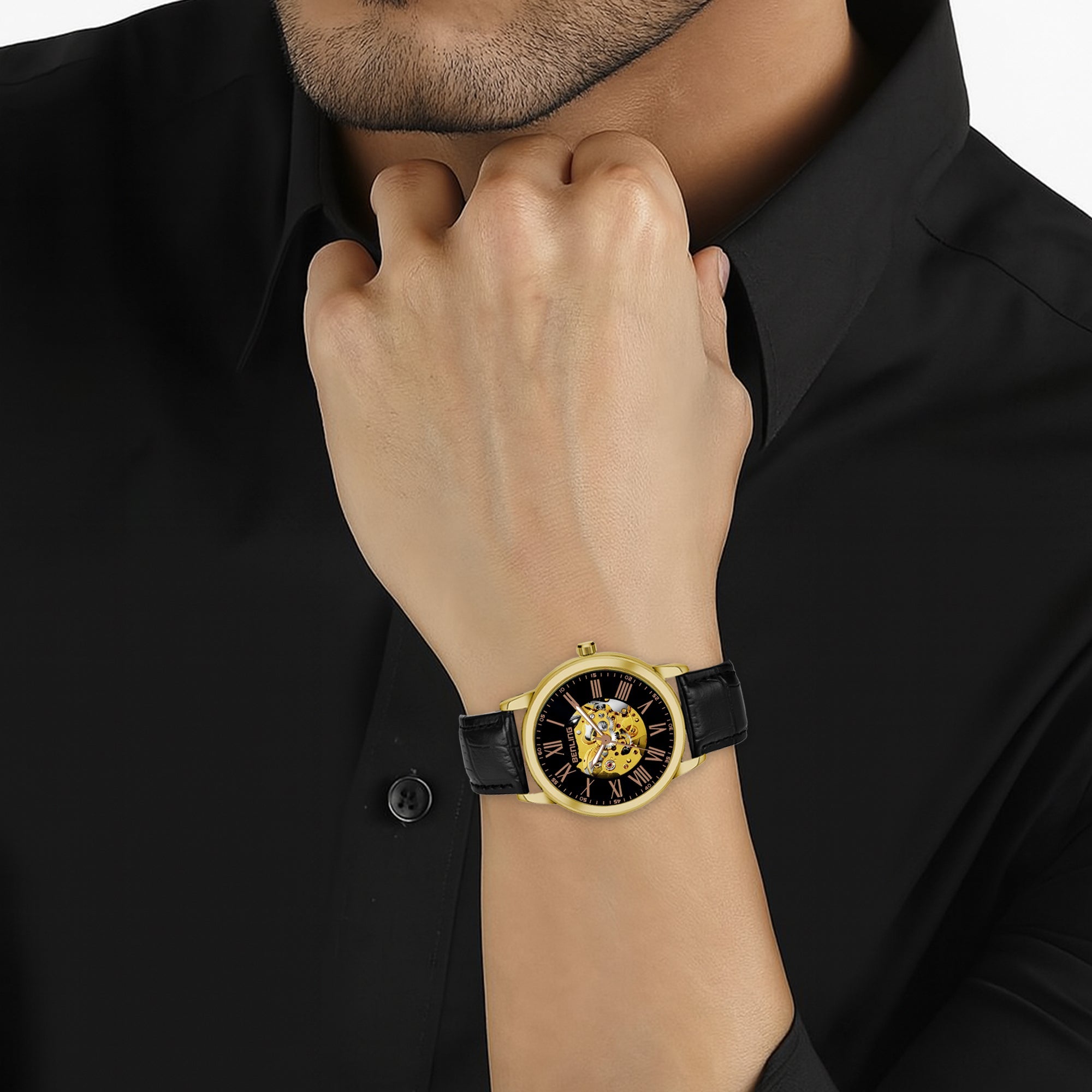 Benling Automatic Skeleton Mechanical Watch for Men | Self-Winding Movement | Leather & Stainless Steel Strap | Open Gear Dial | Luxury Casual & Formal Wear