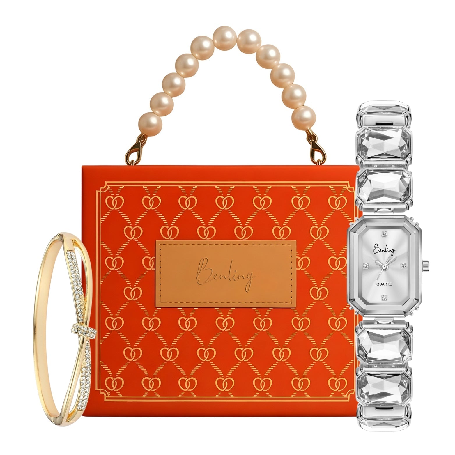 Benling Gift Set – Octagon Cut Bracelet Watch with Orange Pearl Box & Bracelet
