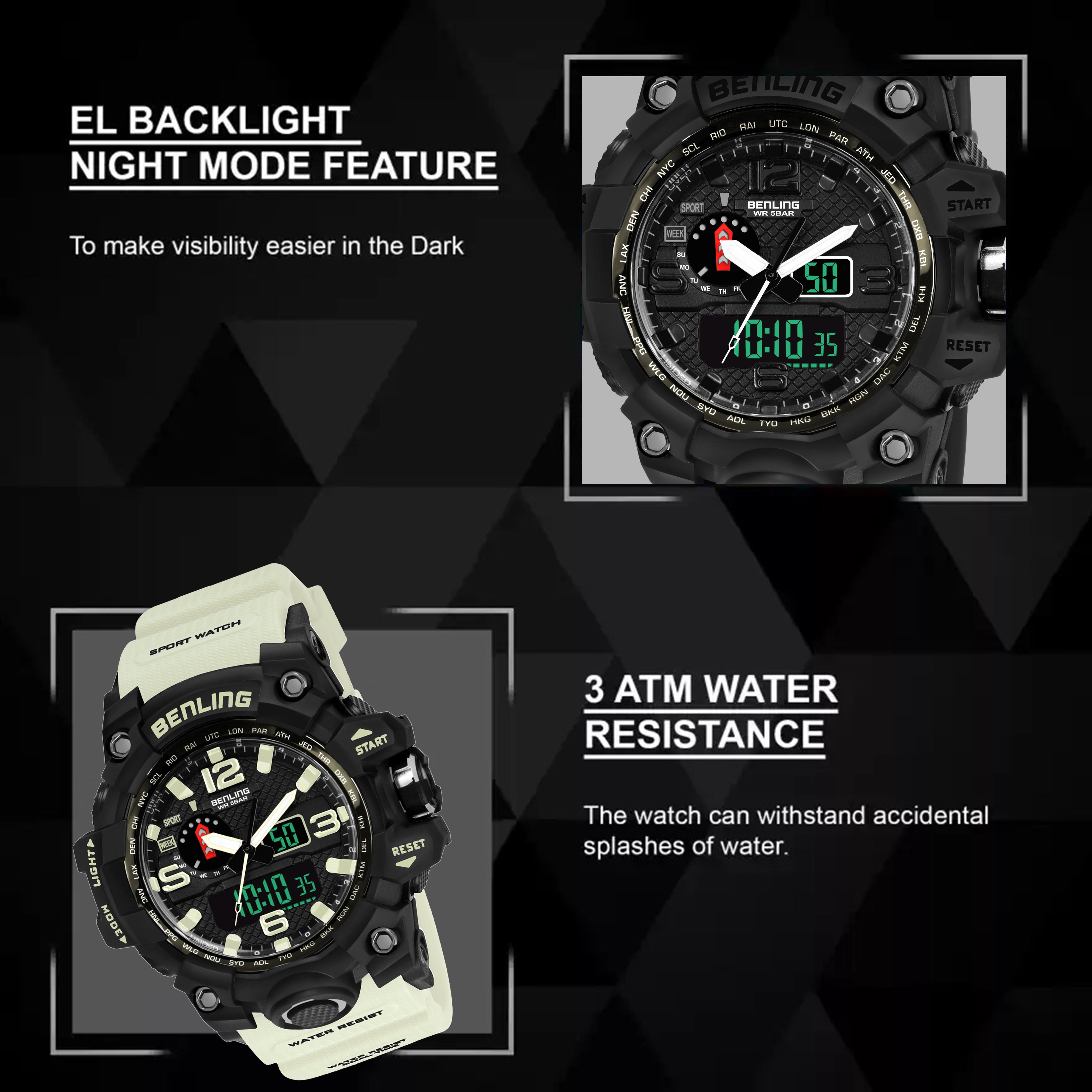 Benling EL Backlight Analog Digital Watch-SKBLANDG-6002