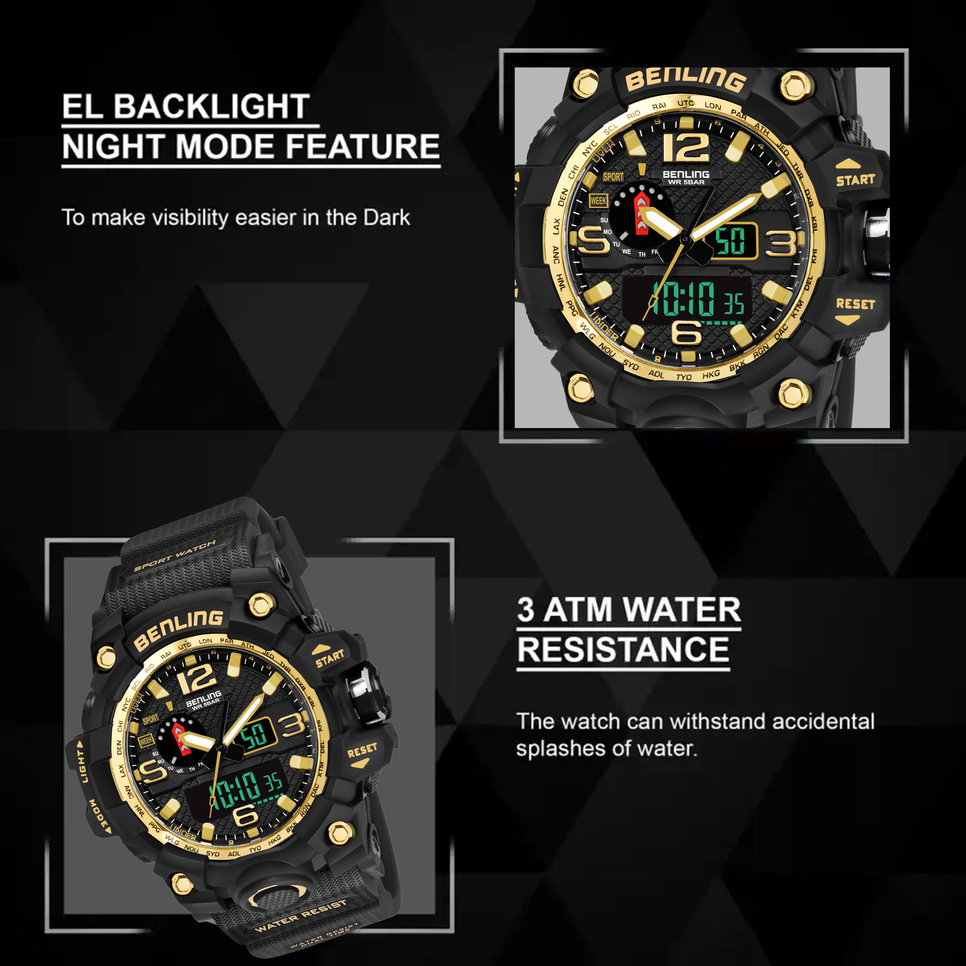 Benling EL Backlight Analog Digital Watch-SKBLANDG-6002