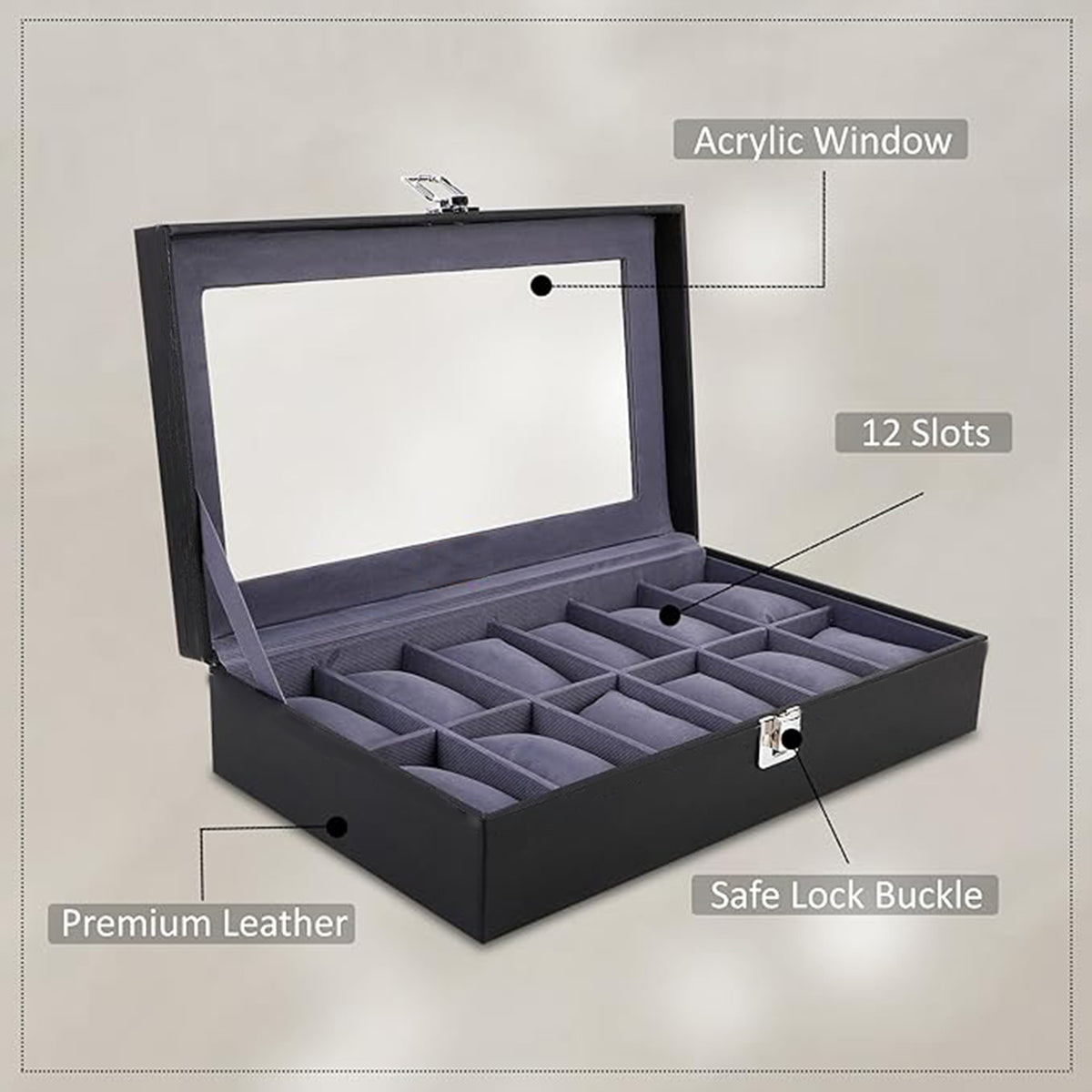 Men's & Women's PU Leather Watch Box Organizer – 12-Slot Watch Holder Case in Black & Gray Benling