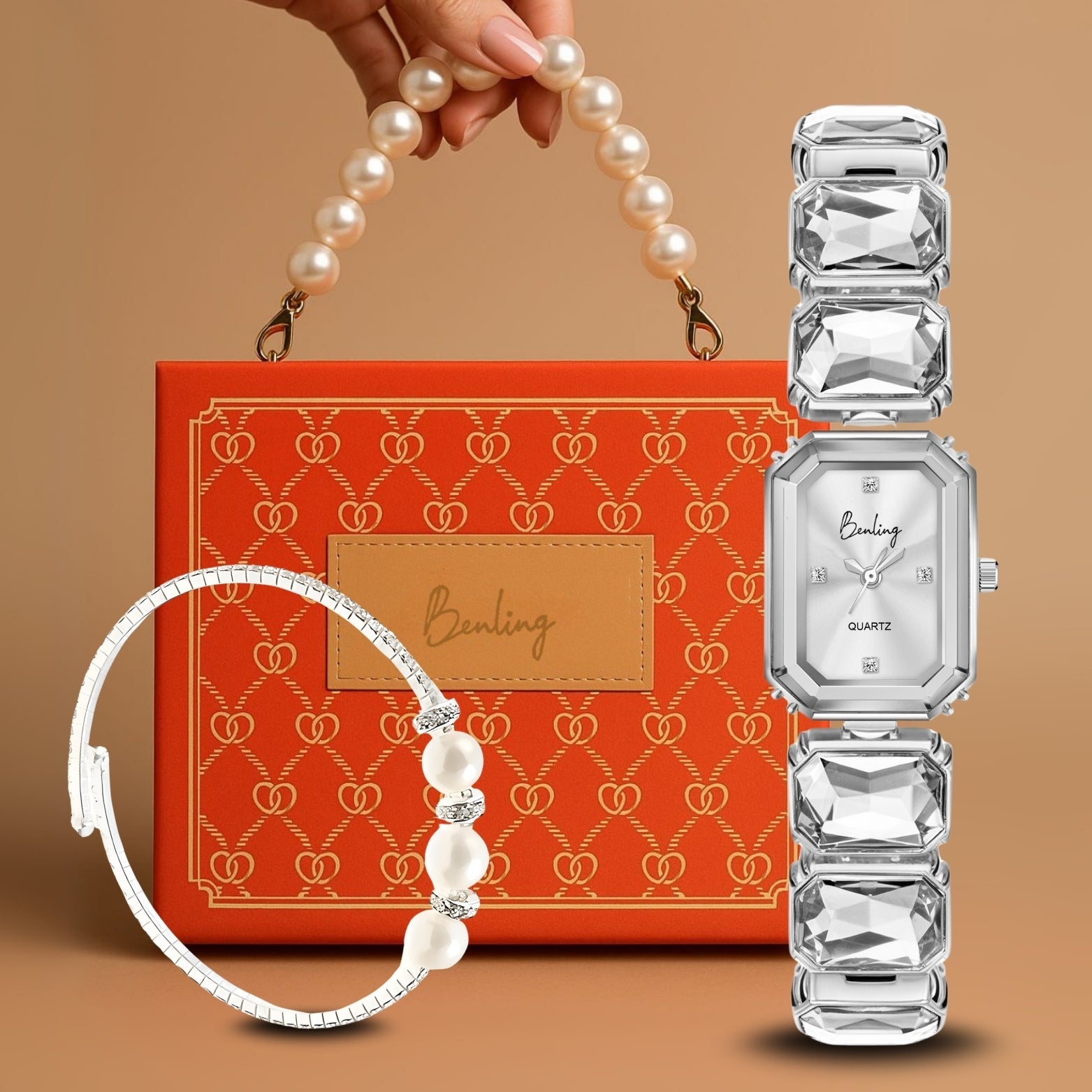 Benling Gift Set – Octagon Cut Bracelet Watch with Orange Pearl Box & Bracelet