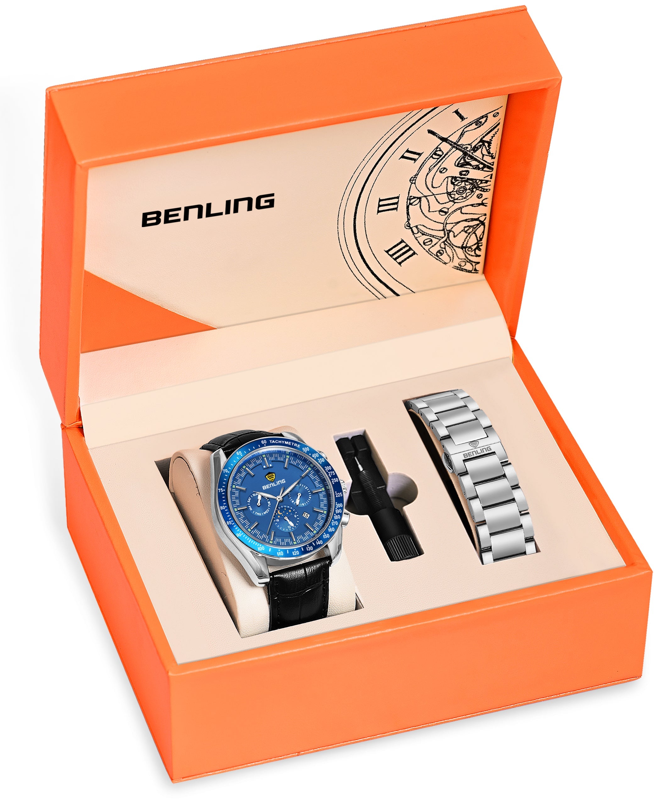 Benling Legacy Chrono Automatic Watch for Men with Interchangeable Leather Strap & Stainless Steel Chain –  A Masterpiece of Mechanical Precision