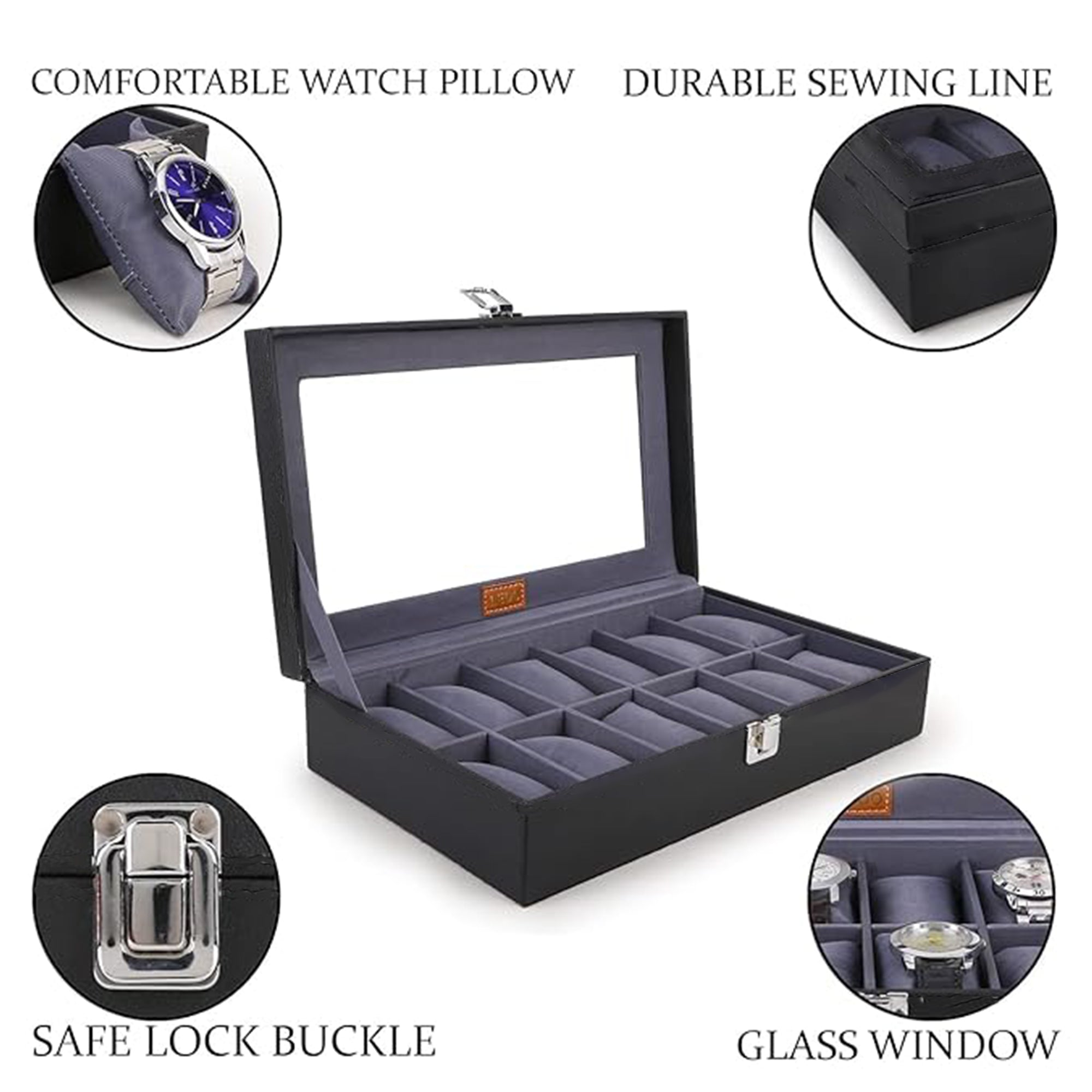 Men's & Women's PU Leather Watch Box Organizer – 12-Slot Watch Holder Case in Black & Grey