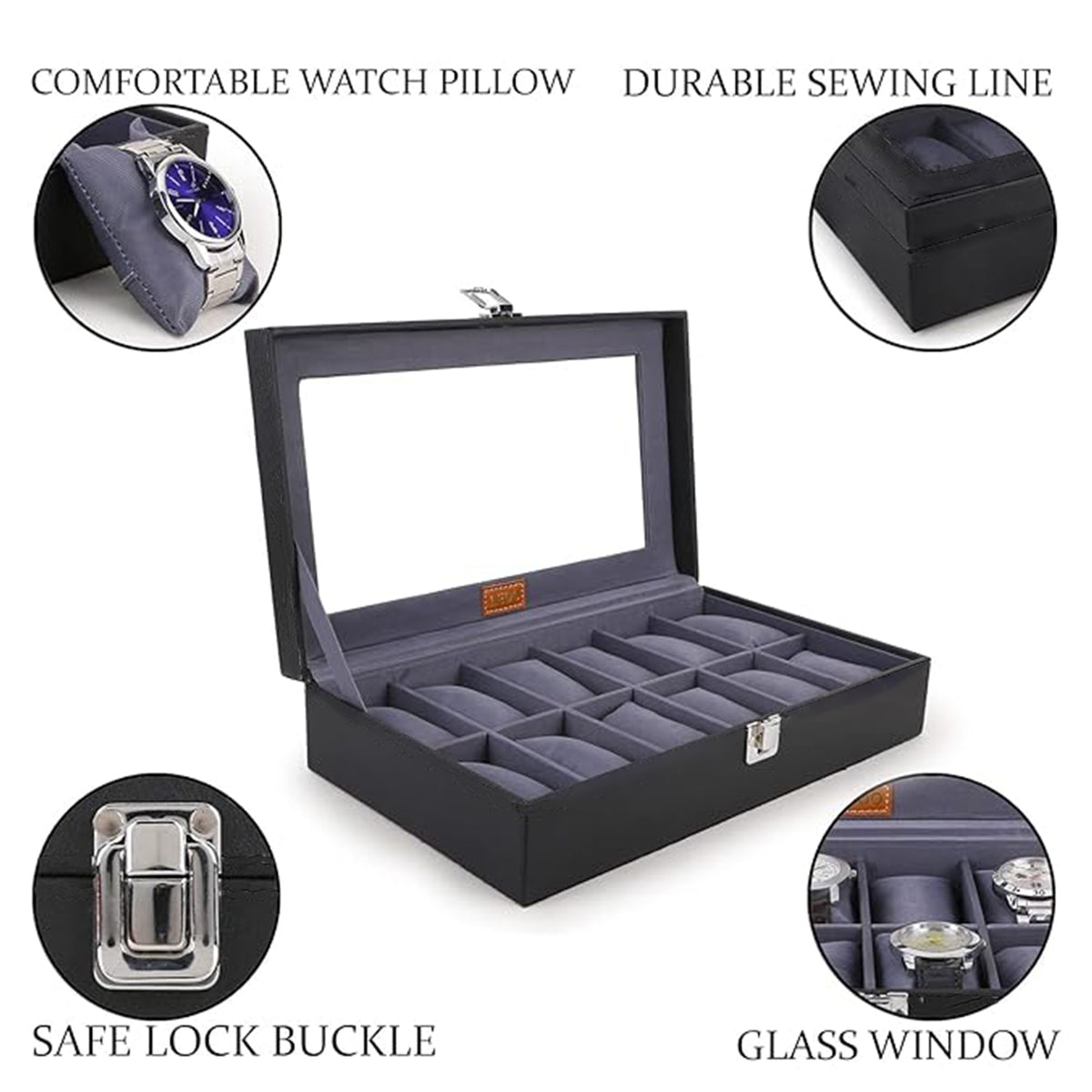 Men's & Women's PU Leather Watch Box Organizer – 12-Slot Watch Holder Case in Black & Gray Benling