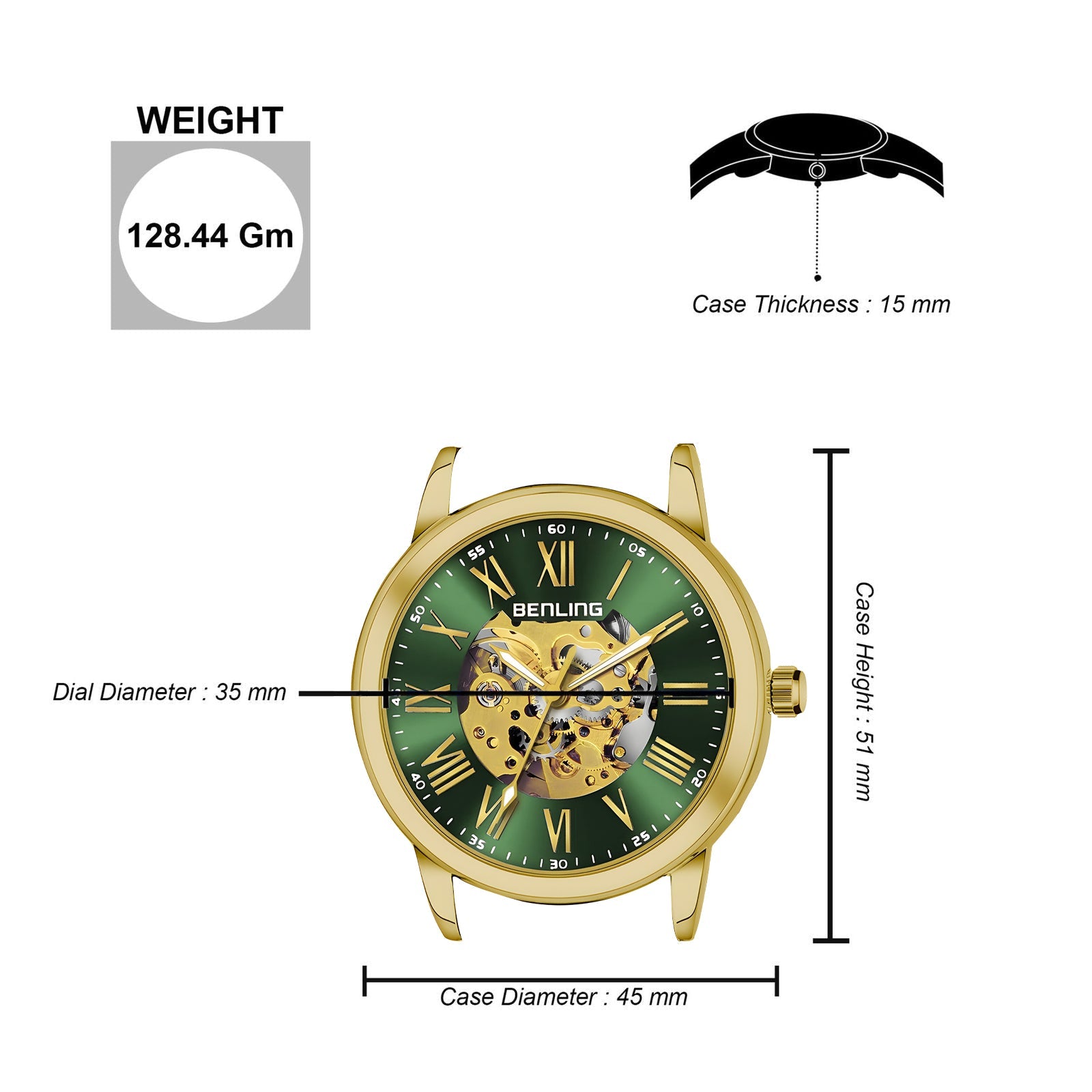 Benling Automatic Skeleton Mechanical Watch for Men | Self-Winding Movement | Leather & Stainless Steel Strap | Open Gear Dial | Luxury Casual & Formal Wear