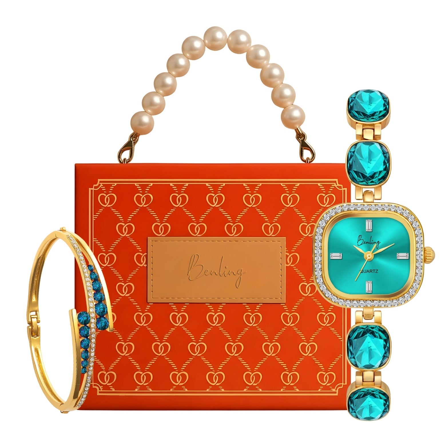 Benling Women's Quartz Watch with Gold Bracelet and Crystal Accents - Gift Set with Pearl Box and Bracelet Benling