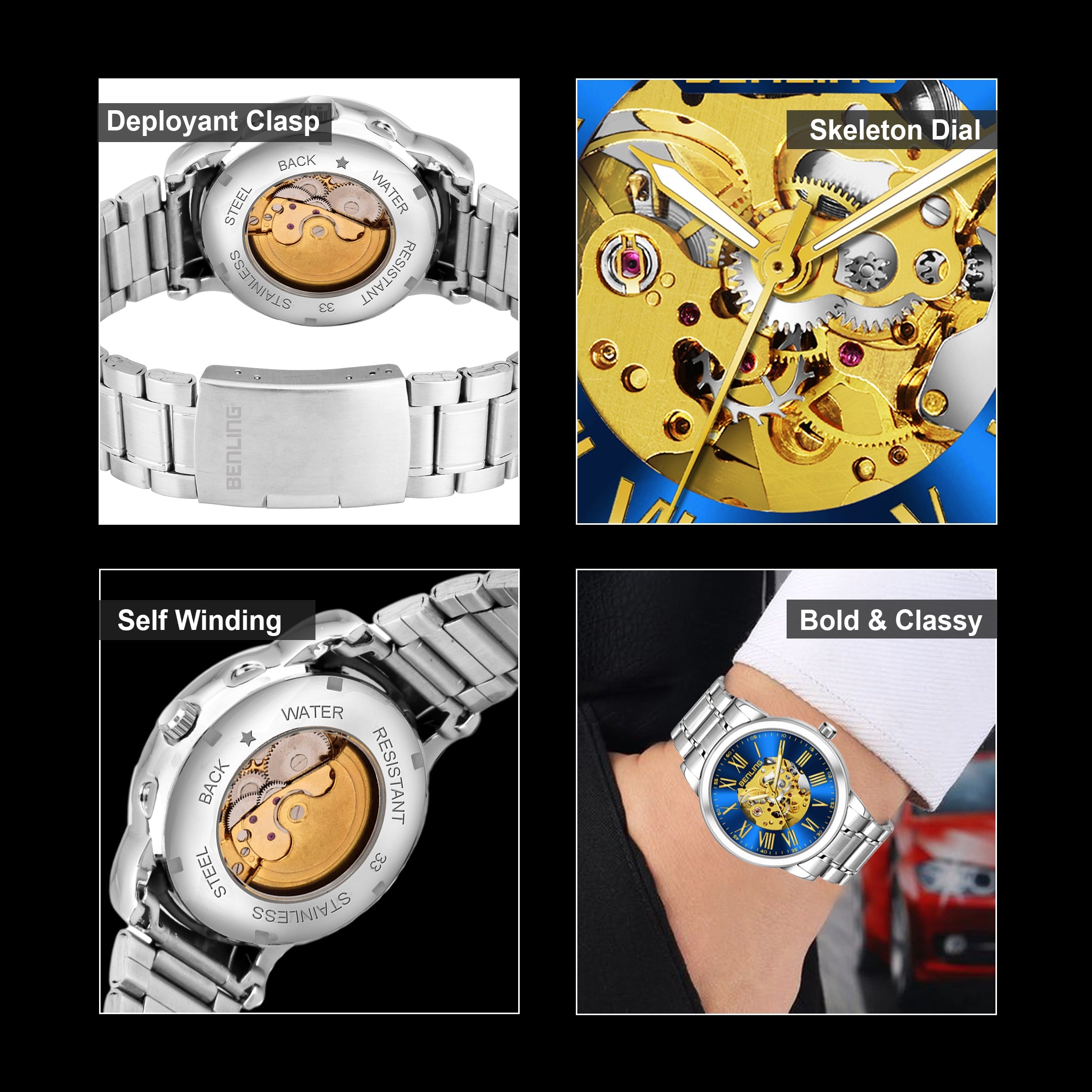 Benling Automatic Skeleton Mechanical Watch for Men | Self-Winding Movement | Leather & Stainless Steel Strap | Open Gear Dial | Luxury Casual & Formal Wear