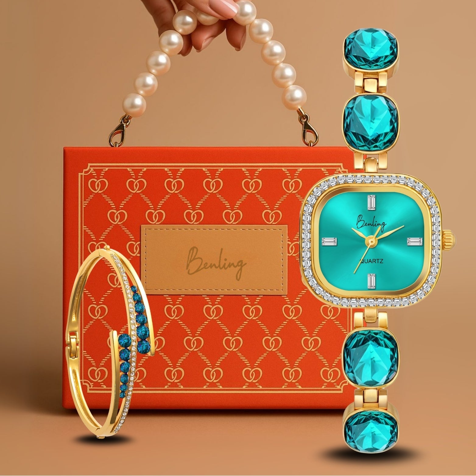 Benling Women's Quartz Watch with Gold Bracelet and Crystal Accents - Gift Set with Pearl Box and Bracelet Benling