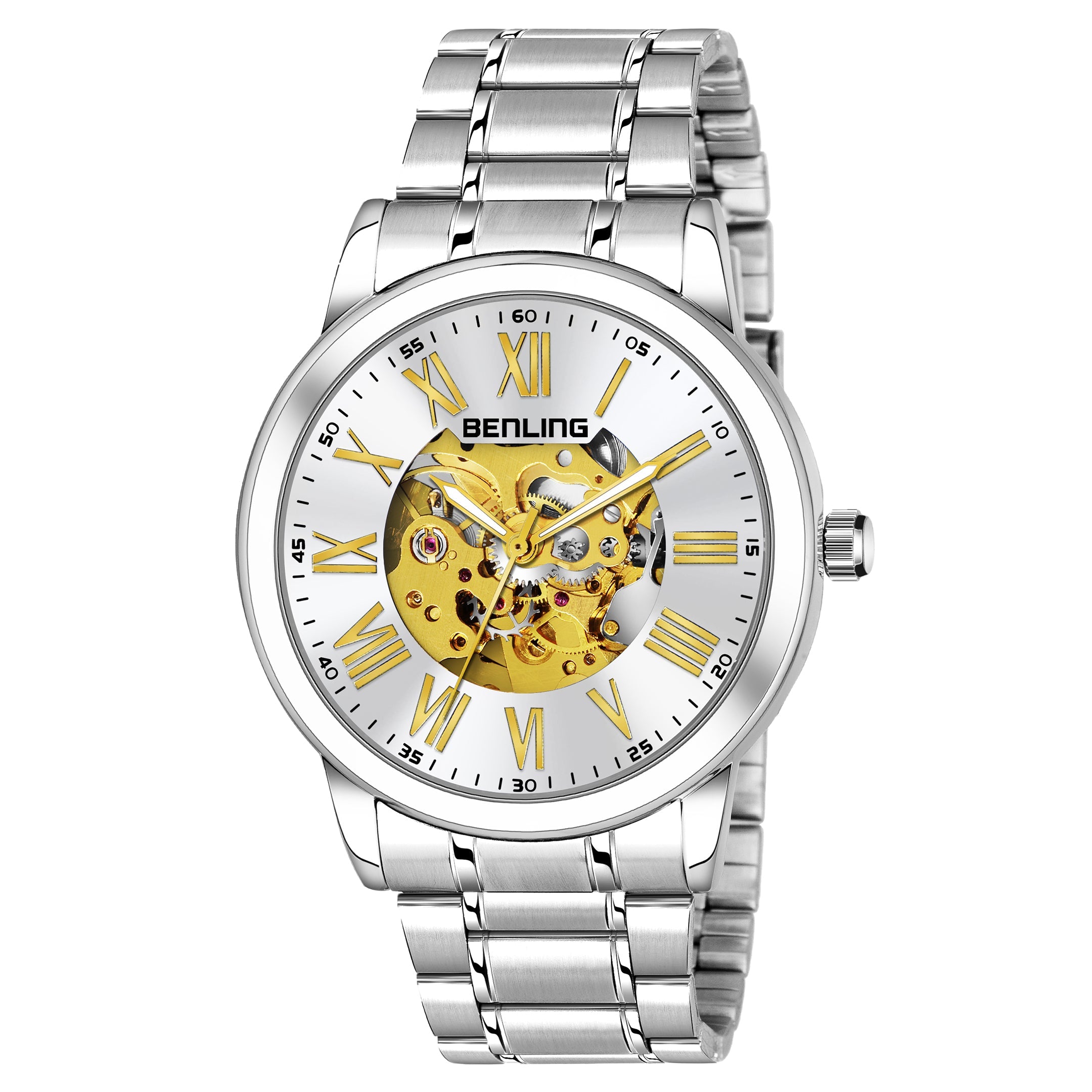 Benling Automatic Skeleton Mechanical Watch for Men | Self-Winding Movement | Leather & Stainless Steel Strap | Open Gear Dial | Luxury Casual & Formal Wear
