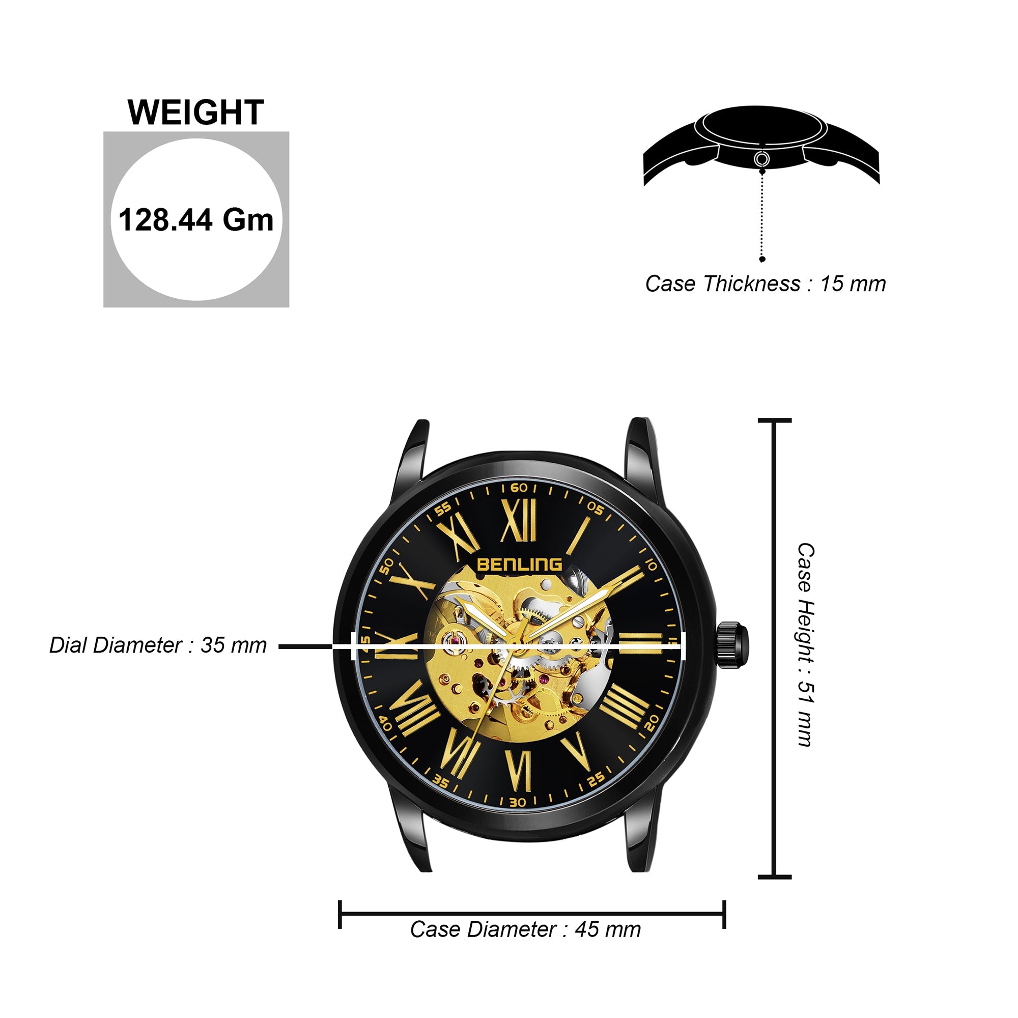 Benling Automatic Skeleton Mechanical Watch for Men | Self-Winding Movement | Leather & Stainless Steel Strap | Open Gear Dial | Luxury Casual & Formal Wear