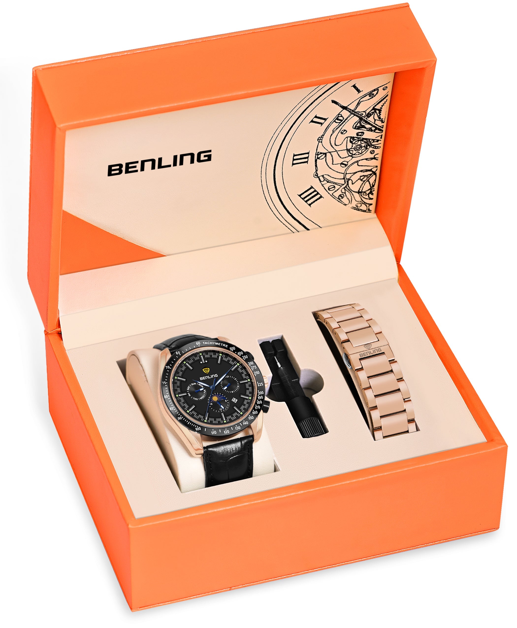 Benling Legacy Chrono Automatic Watch for Men with Interchangeable Leather Strap & Stainless Steel Chain –  A Masterpiece of Mechanical Precision
