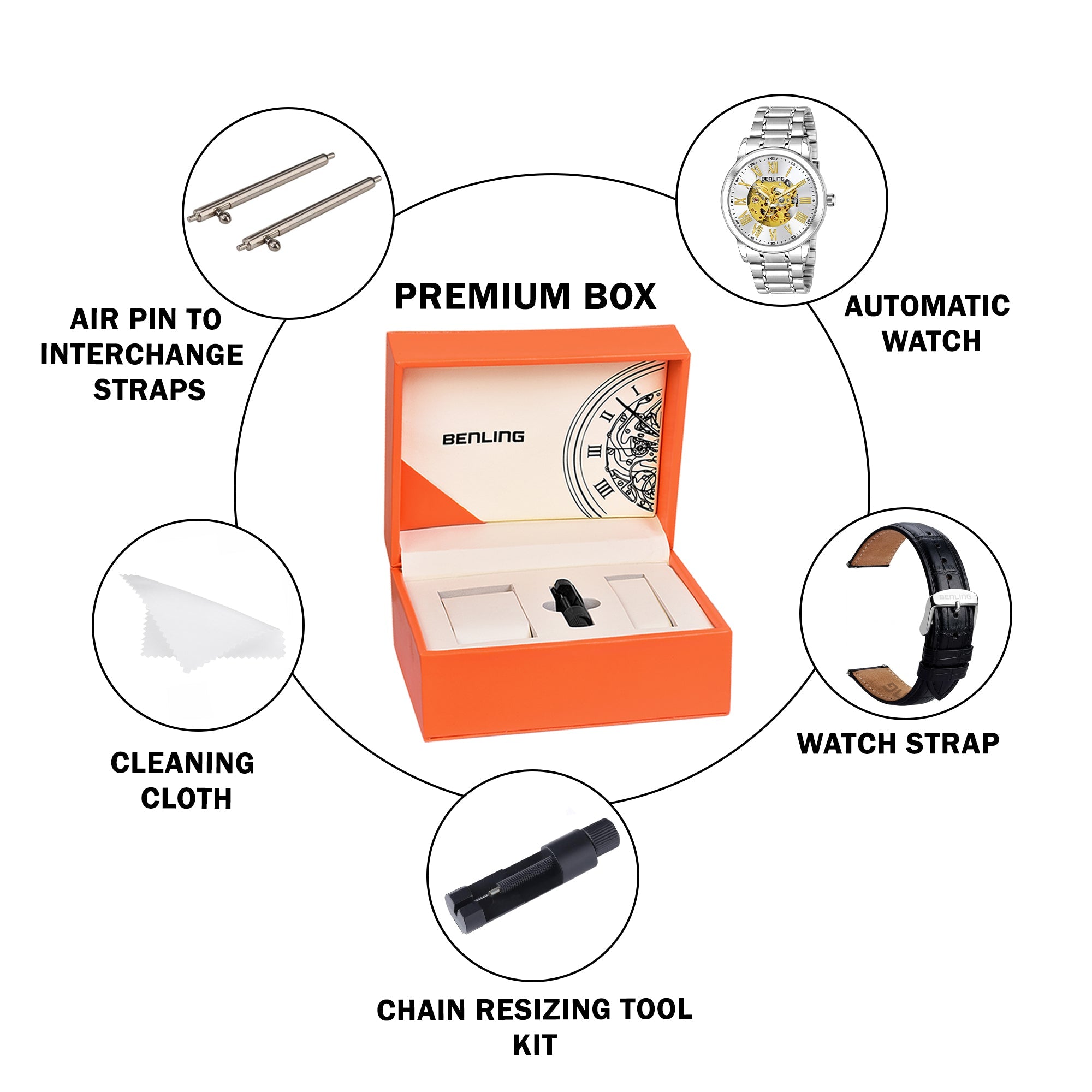 Benling Automatic Skeleton Mechanical Watch for Men | Self-Winding Movement | Leather & Stainless Steel Strap | Open Gear Dial | Luxury Casual & Formal Wear
