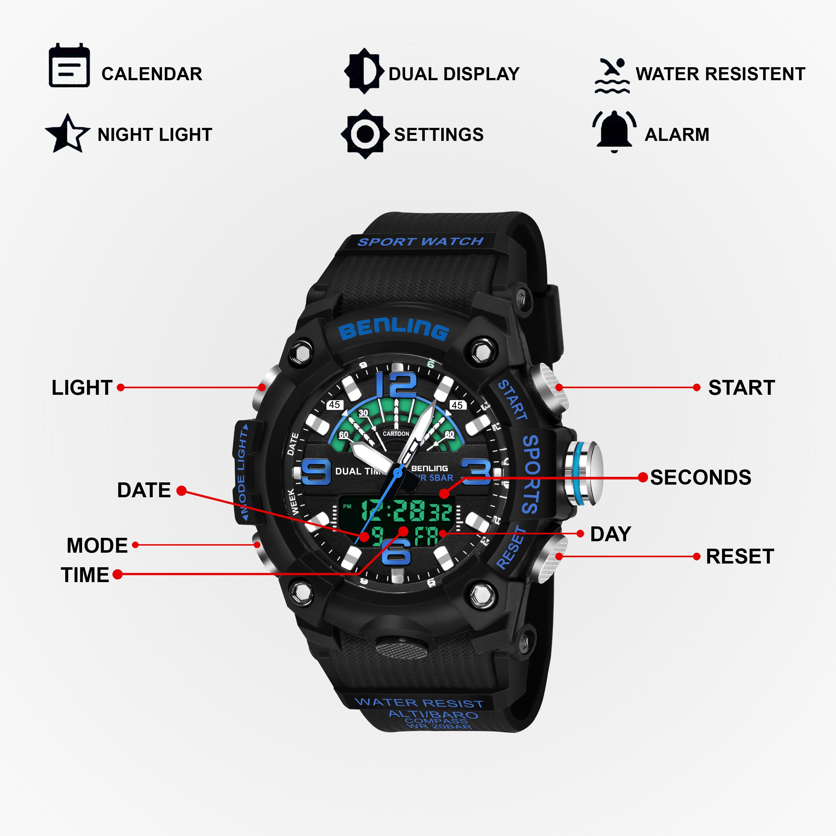Benling Men’s 5-Color Analog Digital Watch – SKBLANDG-6008