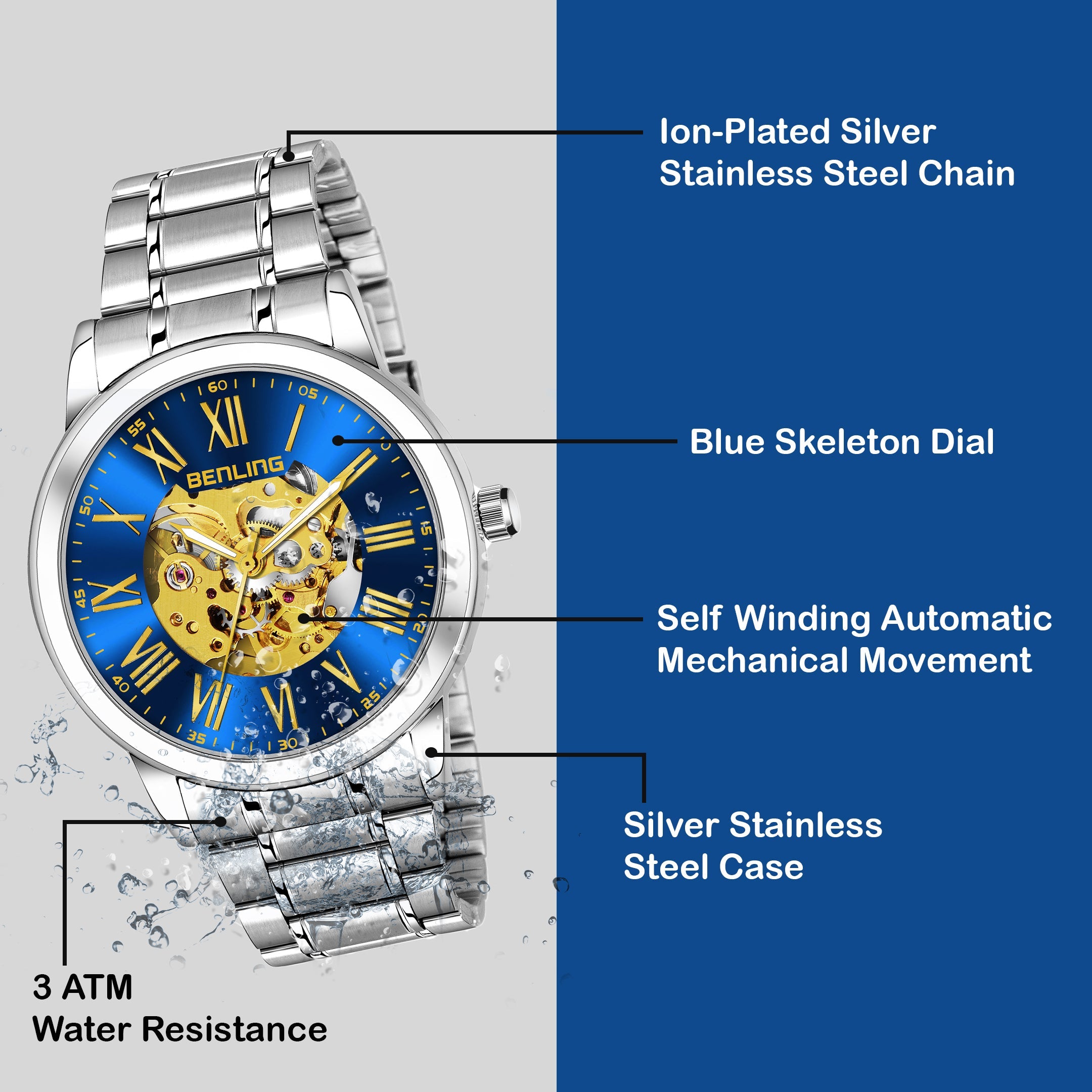 Benling Automatic Skeleton Mechanical Watch for Men | Self-Winding Movement | Leather & Stainless Steel Strap | Open Gear Dial | Luxury Casual & Formal Wear