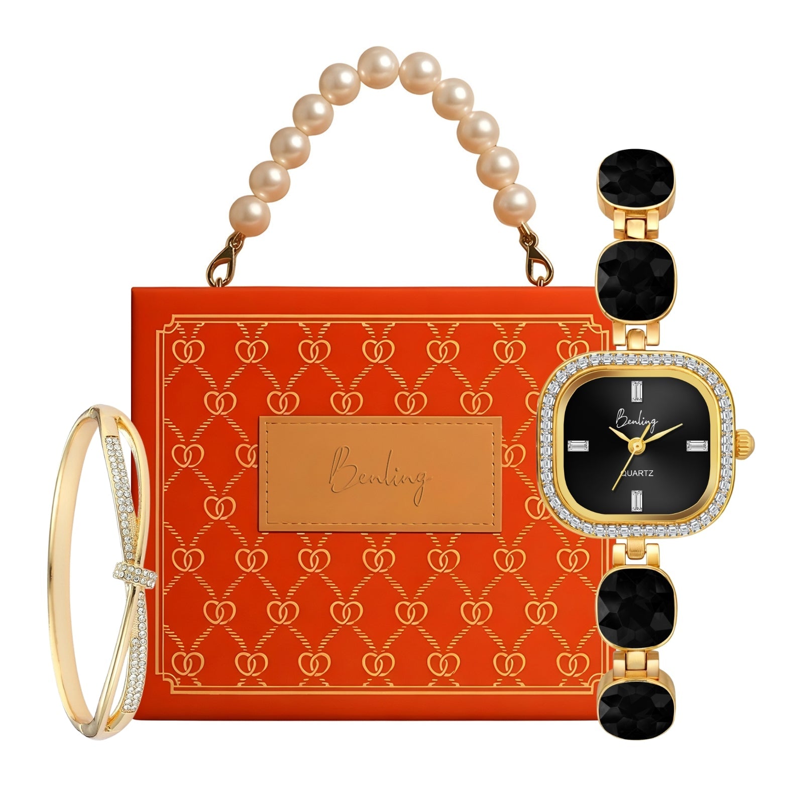 Benling Women's Quartz Watch with Gold Bracelet and Crystal Accents - Gift Set with Pearl Box and Bracelet
