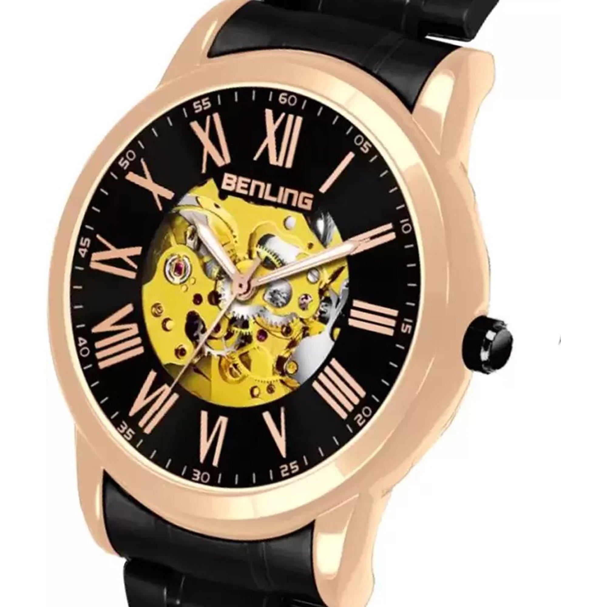 Benling Automatic Skeleton Mechanical Watch for Men | Self-Winding Movement | Leather & Stainless Steel Strap | Open Gear Dial | Luxury Casual & Formal Wear