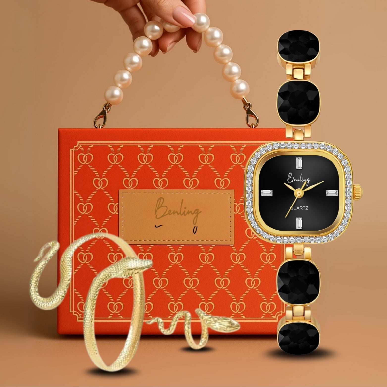 Benling Women's Quartz Watch with Gold Bracelet and Crystal Accents - Gift Set with Pearl Box and Bracelet