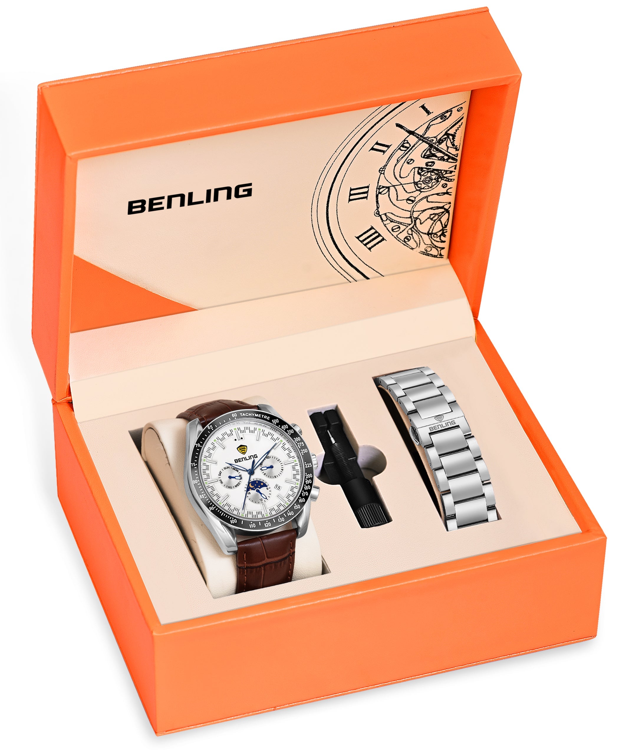 Benling Legacy Chrono Automatic Watch for Men with Interchangeable Leather Strap & Stainless Steel Chain –  A Masterpiece of Mechanical Precision