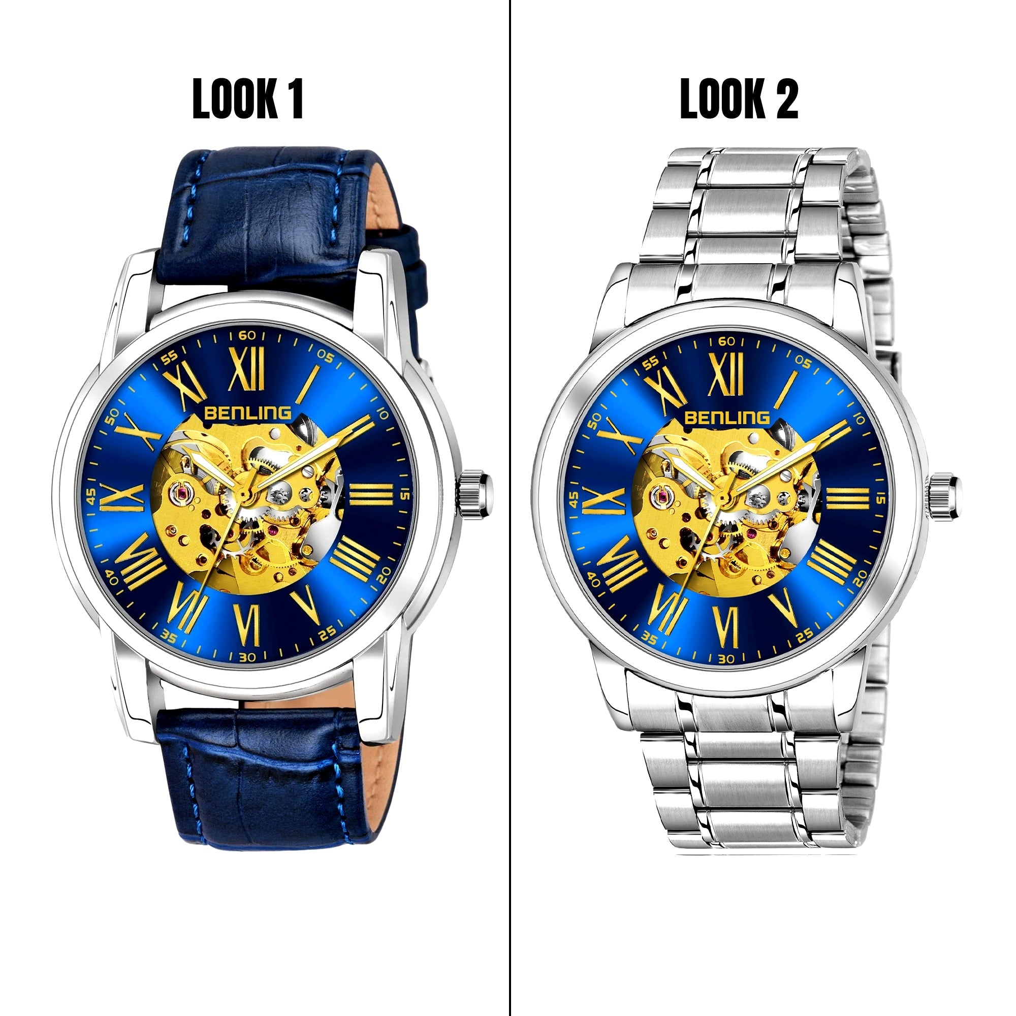 Benling Automatic Skeleton Mechanical Watch for Men | Self-Winding Movement | Leather & Stainless Steel Strap | Open Gear Dial | Luxury Casual & Formal Wear