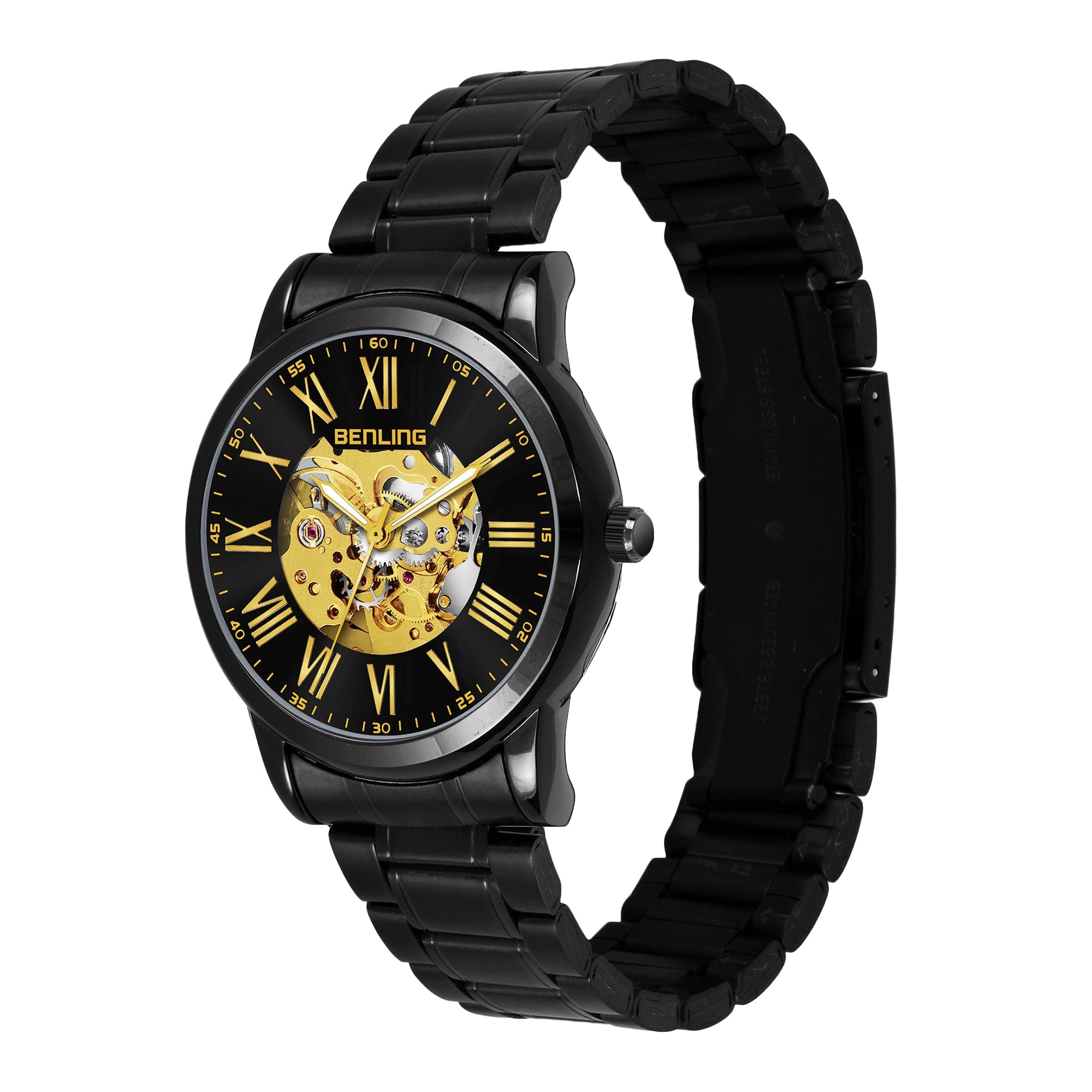 Benling Automatic Skeleton Mechanical Watch for Men | Self-Winding Movement | Leather & Stainless Steel Strap | Open Gear Dial | Luxury Casual & Formal Wear