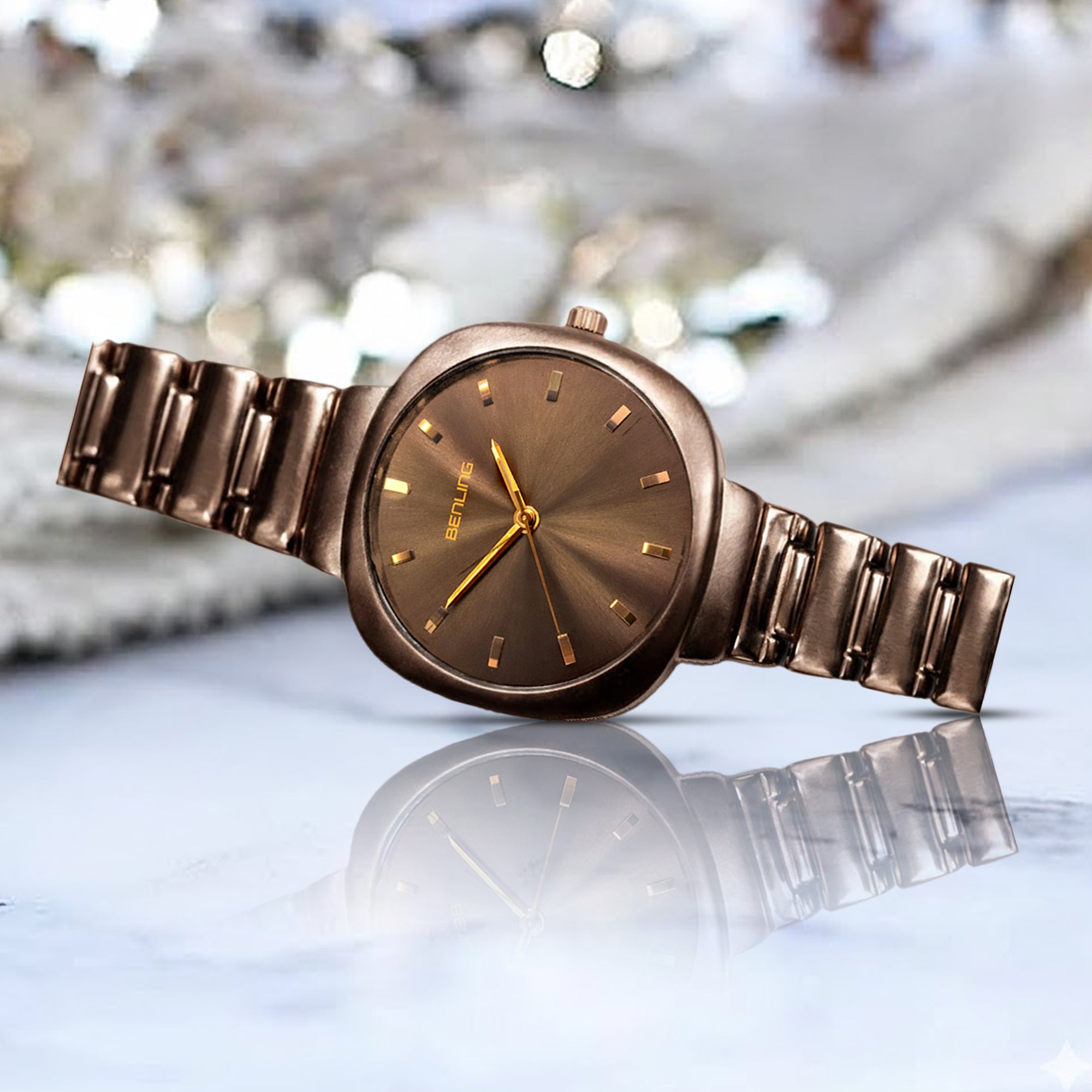 BENLING Women Analog Watch with Stainless Steel Strap, Brown Dial & Rose Gold Finish, Quartz Movement, Stylish Casual & Formal Wrist Watch for Girls & Ladies