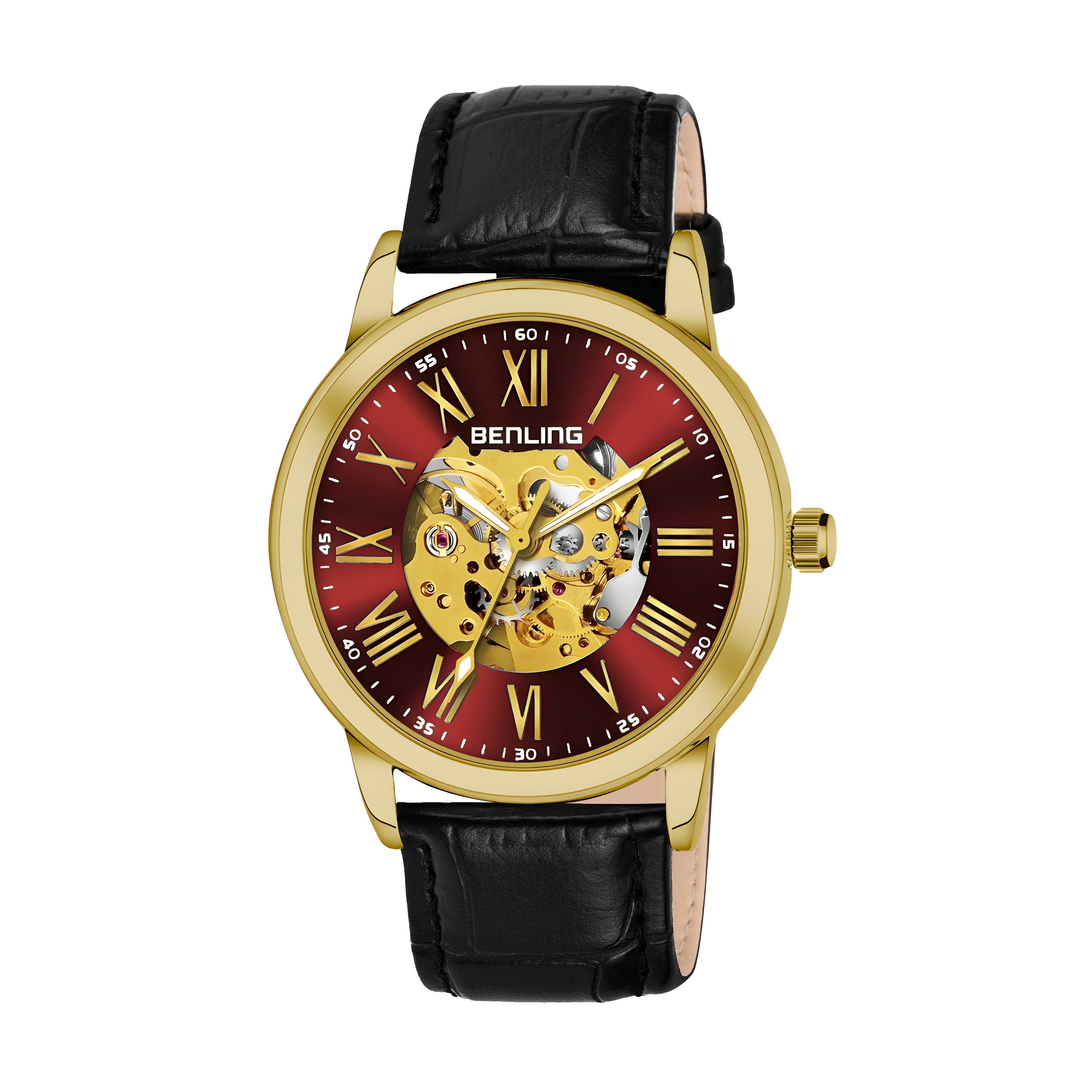 Benling Automatic Skeleton Mechanical Watch for Men | Self-Winding Movement | Leather & Stainless Steel Strap | Open Gear Dial | Luxury Casual & Formal Wear