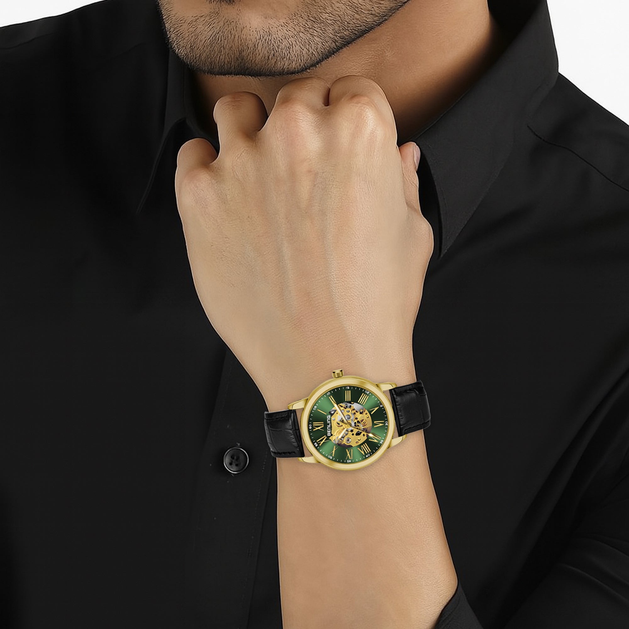 Benling Automatic Skeleton Mechanical Watch for Men | Self-Winding Movement | Leather & Stainless Steel Strap | Open Gear Dial | Luxury Casual & Formal Wear