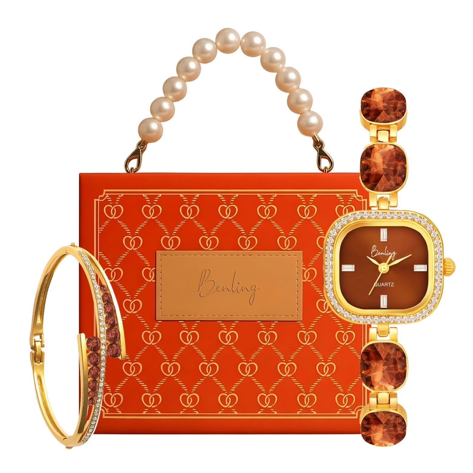 Benling Women's Quartz Watch with Gold Bracelet and Crystal Accents - Gift Set with Pearl Box and Bracelet