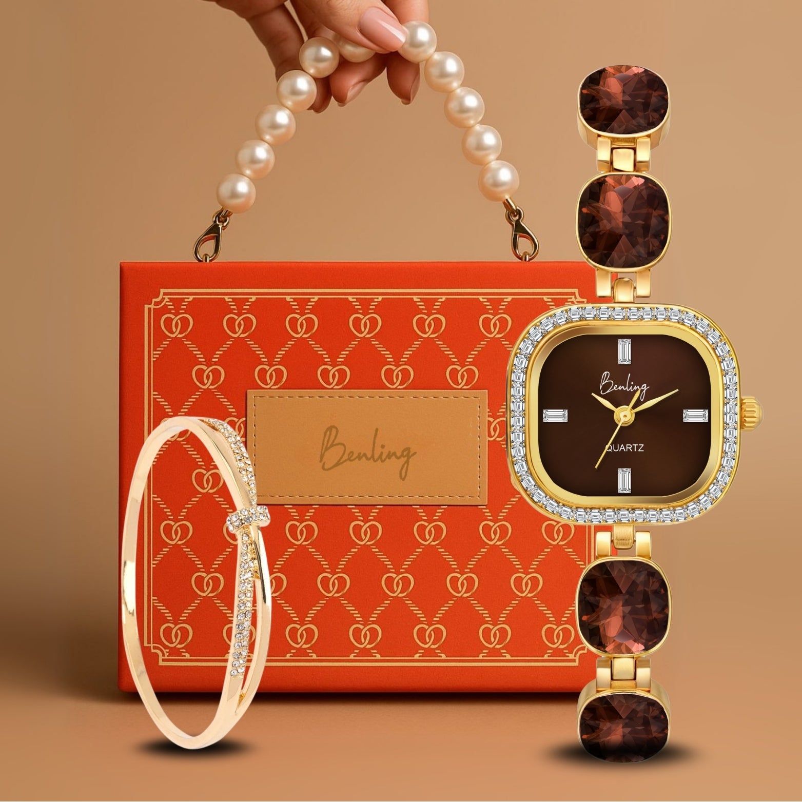 Benling Women's Quartz Watch with Gold Bracelet and Crystal Accents - Gift Set with Pearl Box and Bracelet