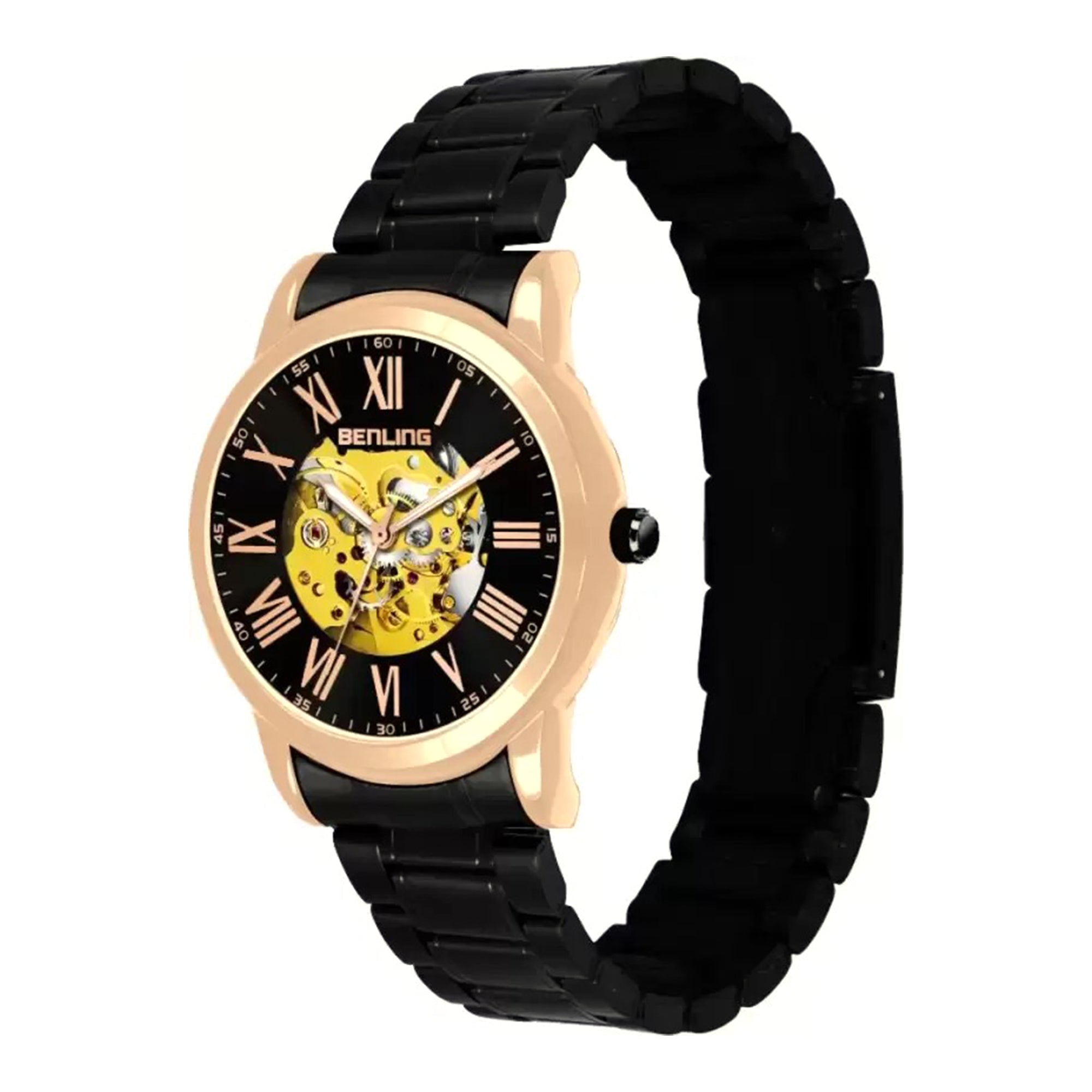 Benling Automatic Skeleton Mechanical Watch for Men | Self-Winding Movement | Leather & Stainless Steel Strap | Open Gear Dial | Luxury Casual & Formal Wear