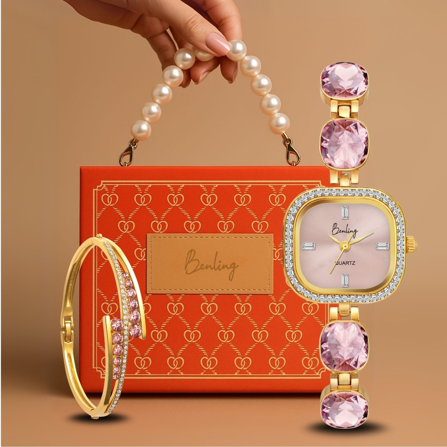 Benling Women's Quartz Watch with Gold Bracelet and Crystal Accents - Gift Set with Pearl Box and Bracelet