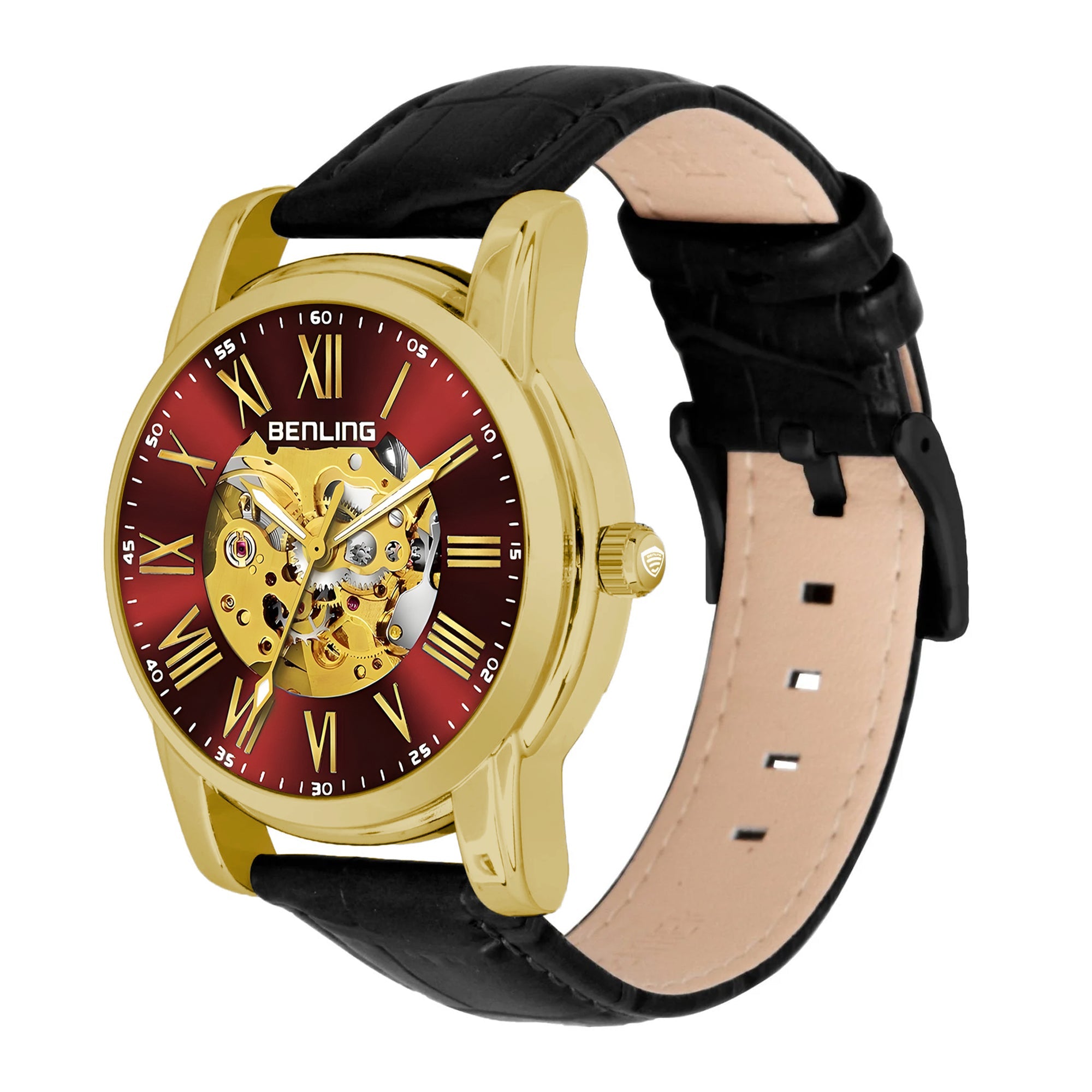 Benling Automatic Skeleton Mechanical Watch for Men | Self-Winding Movement | Leather & Stainless Steel Strap | Open Gear Dial | Luxury Casual & Formal Wear