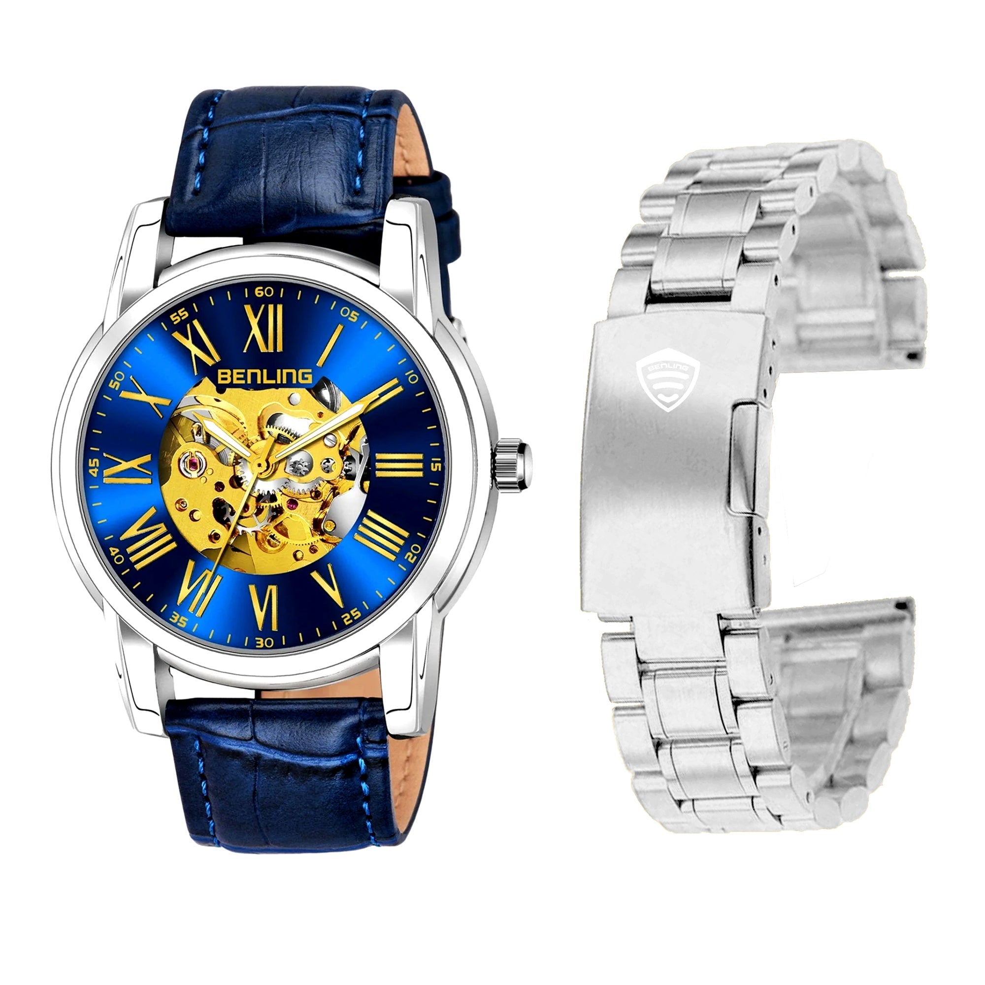 Benling Automatic Skeleton Mechanical Watch for Men | Self-Winding Movement | Leather & Stainless Steel Strap | Open Gear Dial | Luxury Casual & Formal Wear