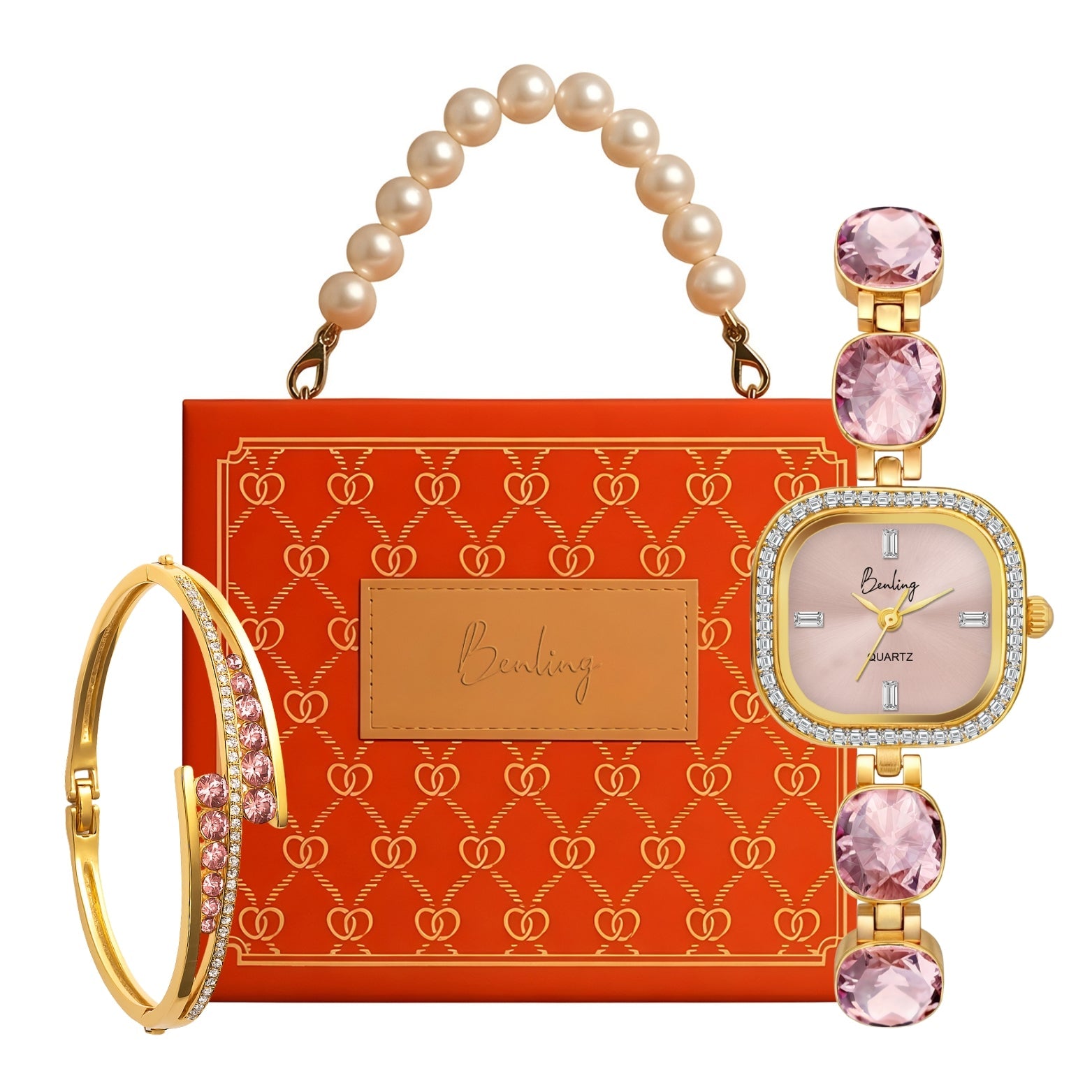 Benling Women's Quartz Watch with Gold Bracelet and Crystal Accents - Gift Set with Pearl Box and Bracelet