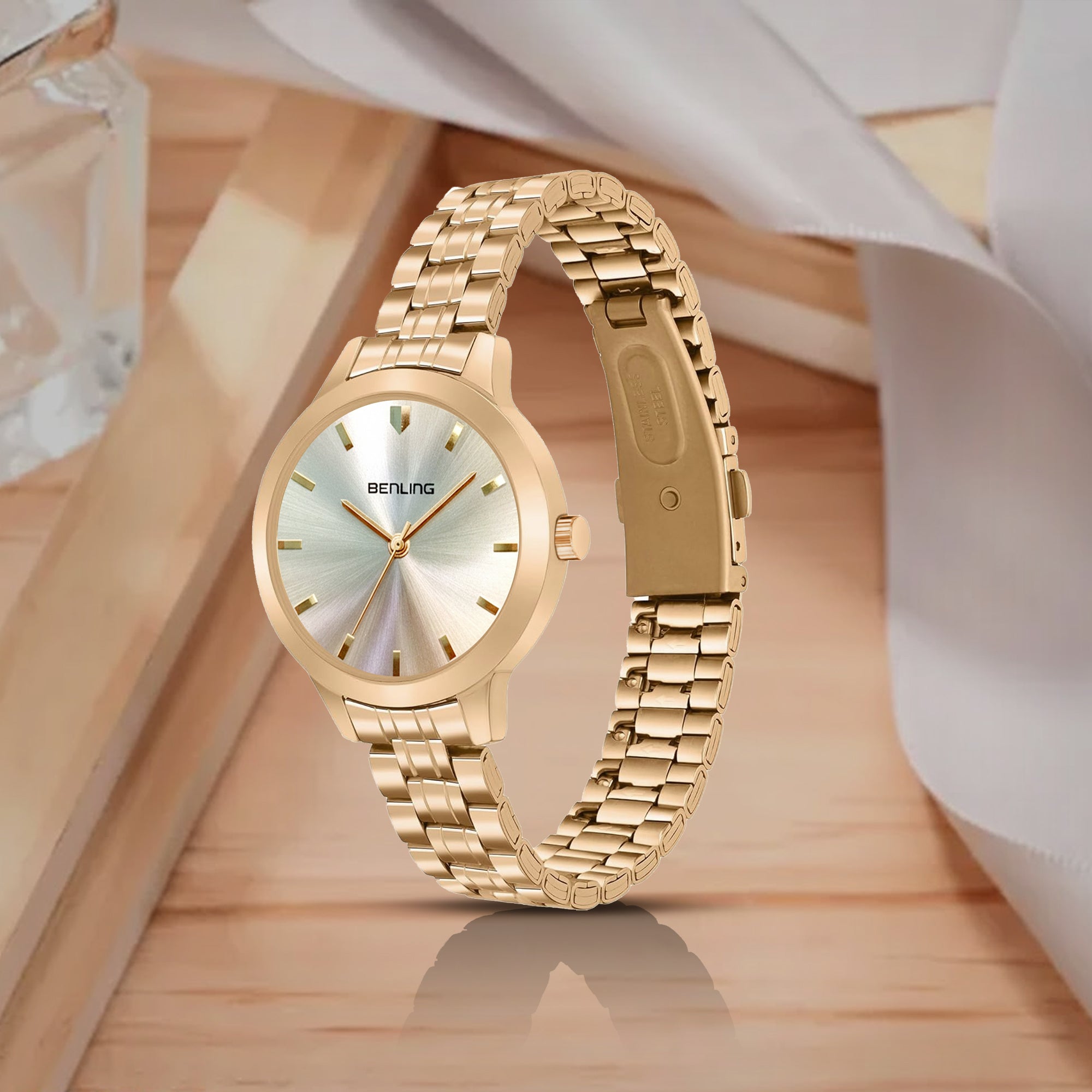 Benling Gold Analog Watch for Women & Girls | Stainless Steel Chain Strap | Luxury Round Dial | Stylish Casual & Party Wear Wrist Watch
