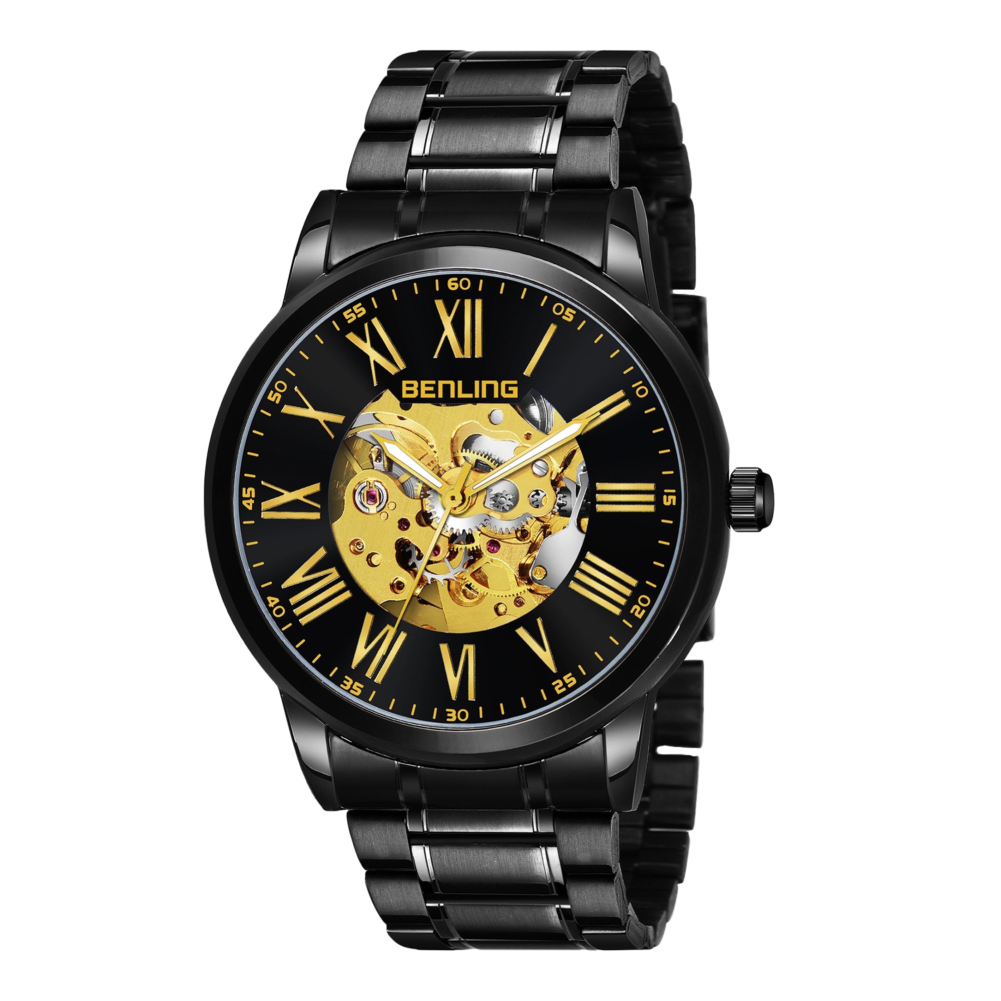 Benling Automatic Skeleton Mechanical Watch for Men | Self-Winding Movement | Leather & Stainless Steel Strap | Open Gear Dial | Luxury Casual & Formal Wear