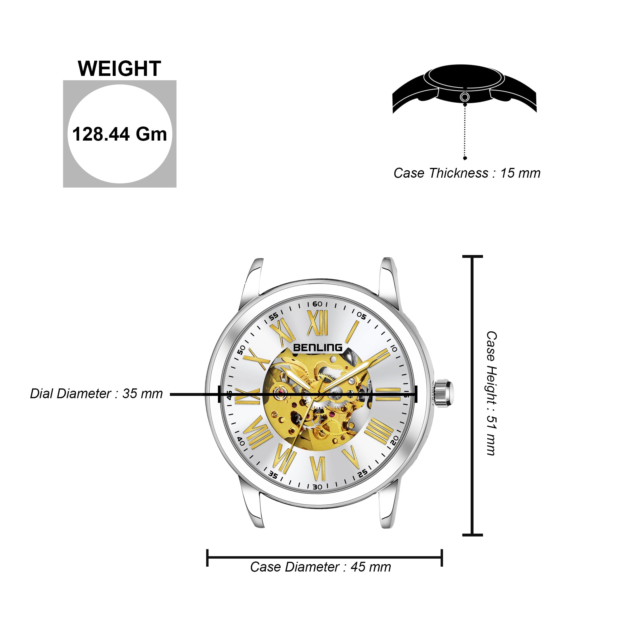 Benling Automatic Skeleton Mechanical Watch for Men | Self-Winding Movement | Leather & Stainless Steel Strap | Open Gear Dial | Luxury Casual & Formal Wear
