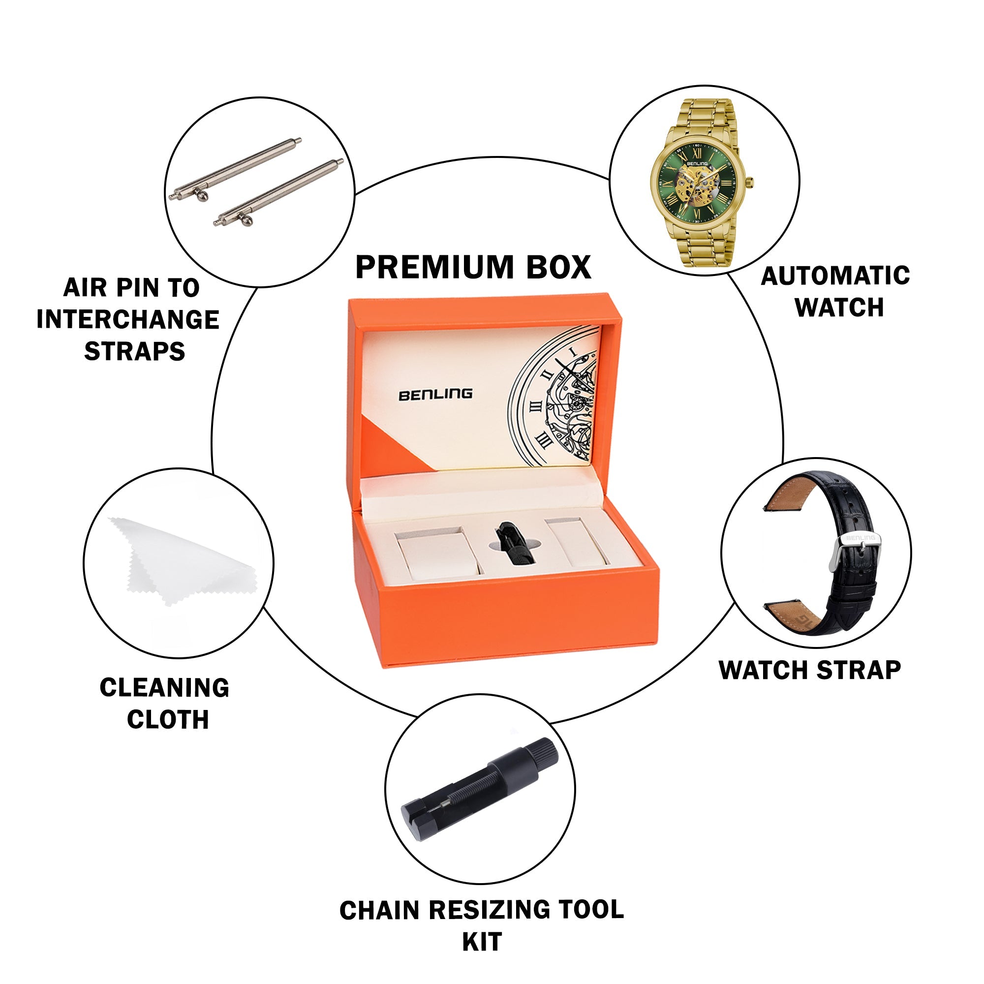 Benling Automatic Skeleton Mechanical Watch for Men | Self-Winding Movement | Leather & Stainless Steel Strap | Open Gear Dial | Luxury Casual & Formal Wear