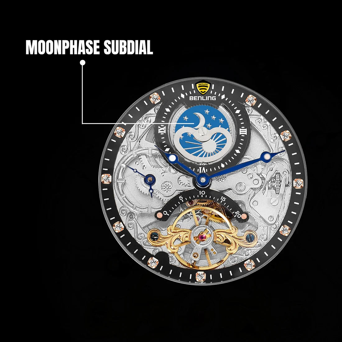 Benling Astroworld Tourbillon Automatic Watch for Men – Dual Time | Moonphase | Skeleton Dial | Premium Leather Strap