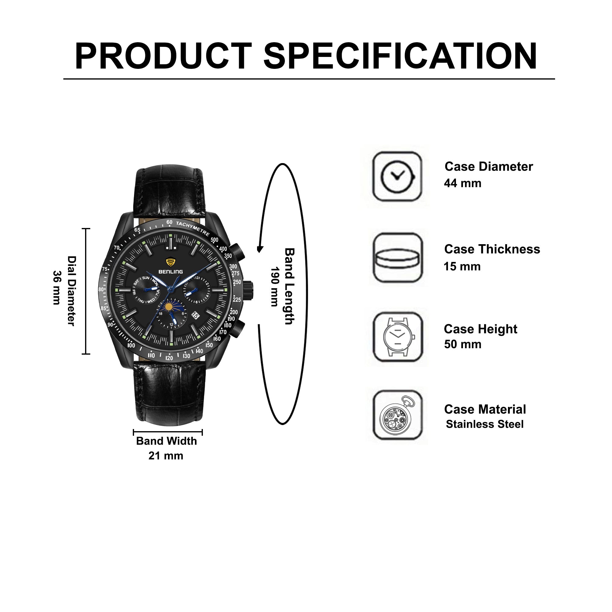 Benling Legacy Chrono Automatic Watch for Men with Interchangeable Leather Strap & Stainless Steel Chain –  A Masterpiece of Mechanical Precision