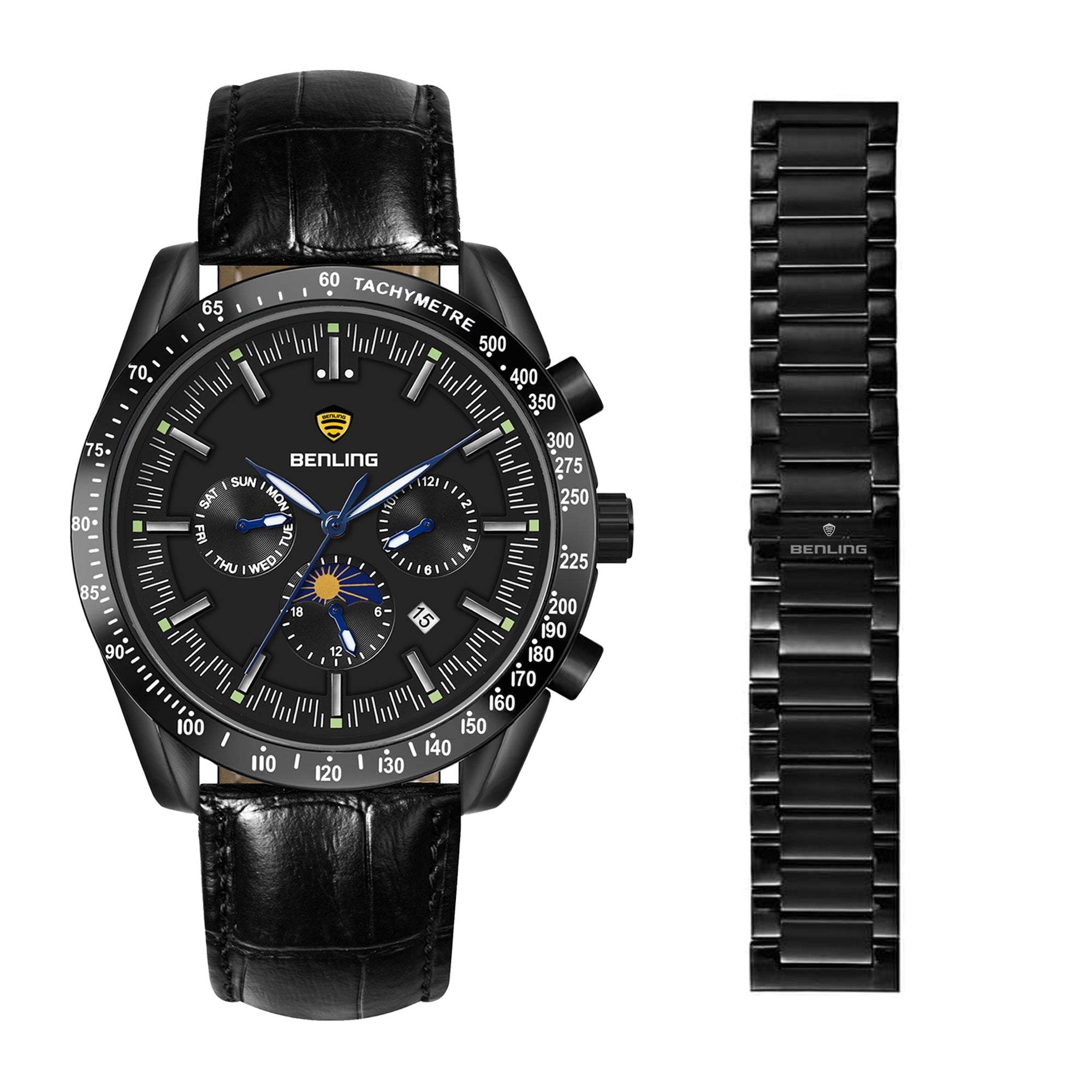 Benling Legacy Chrono Automatic Watch for Men with Interchangeable Leather Strap & Stainless Steel Chain –  A Masterpiece of Mechanical Precision