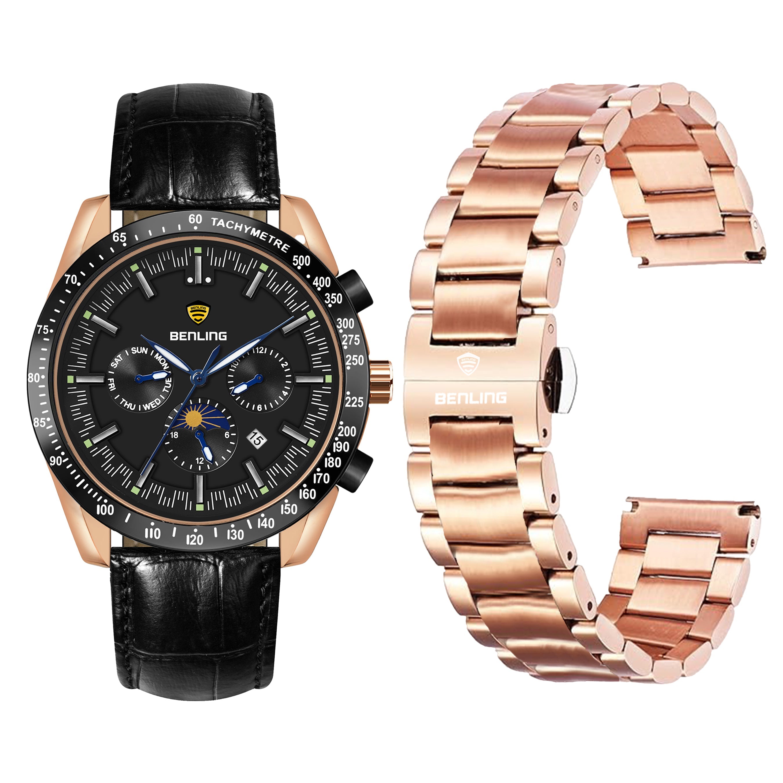Benling Legacy Chrono Automatic Watch for Men with Interchangeable Leather Strap & Stainless Steel Chain –  A Masterpiece of Mechanical Precision
